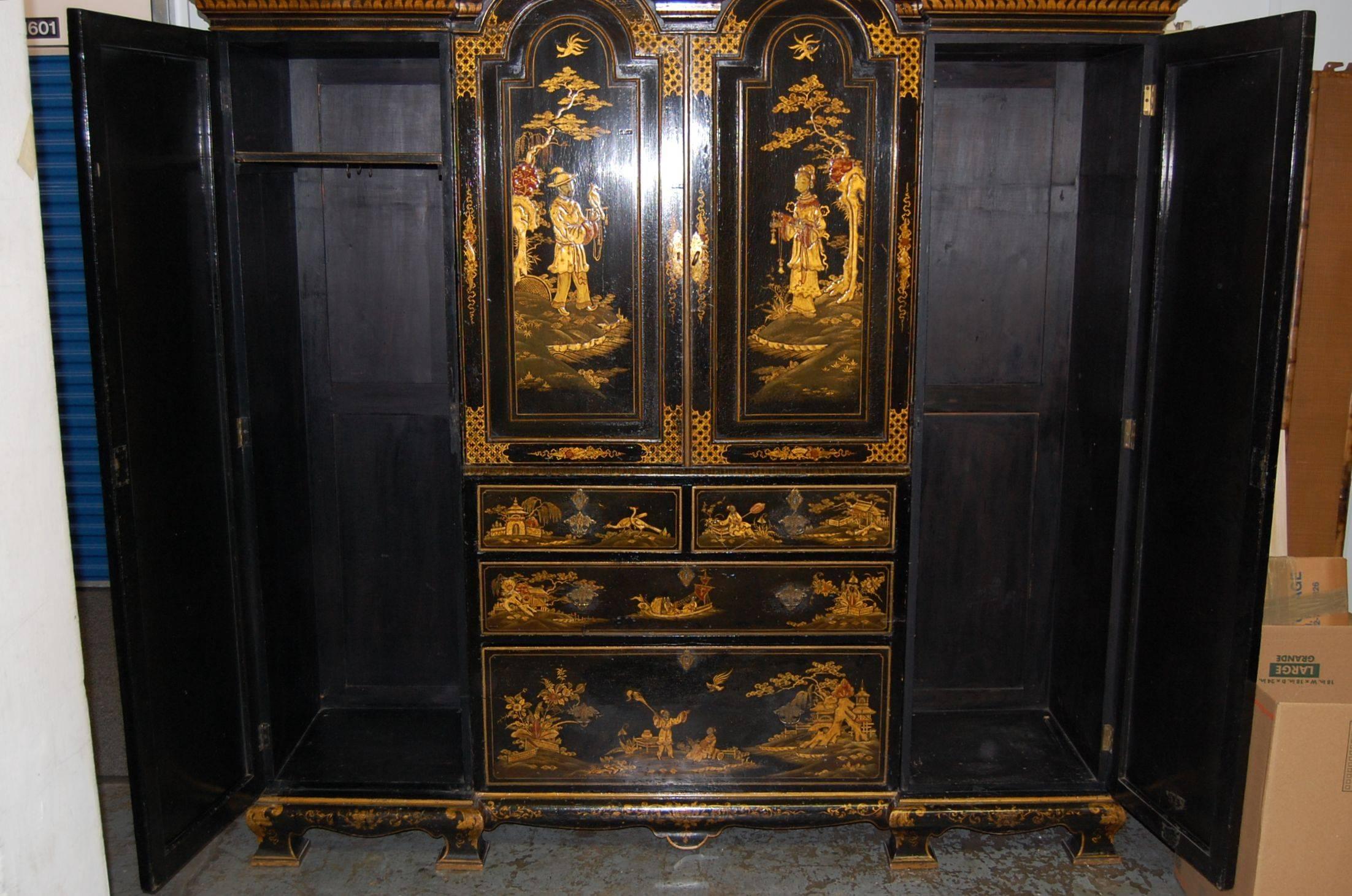 High Victorian 19th Century English Japanned Chinoiserie Wardrobe Cabinet