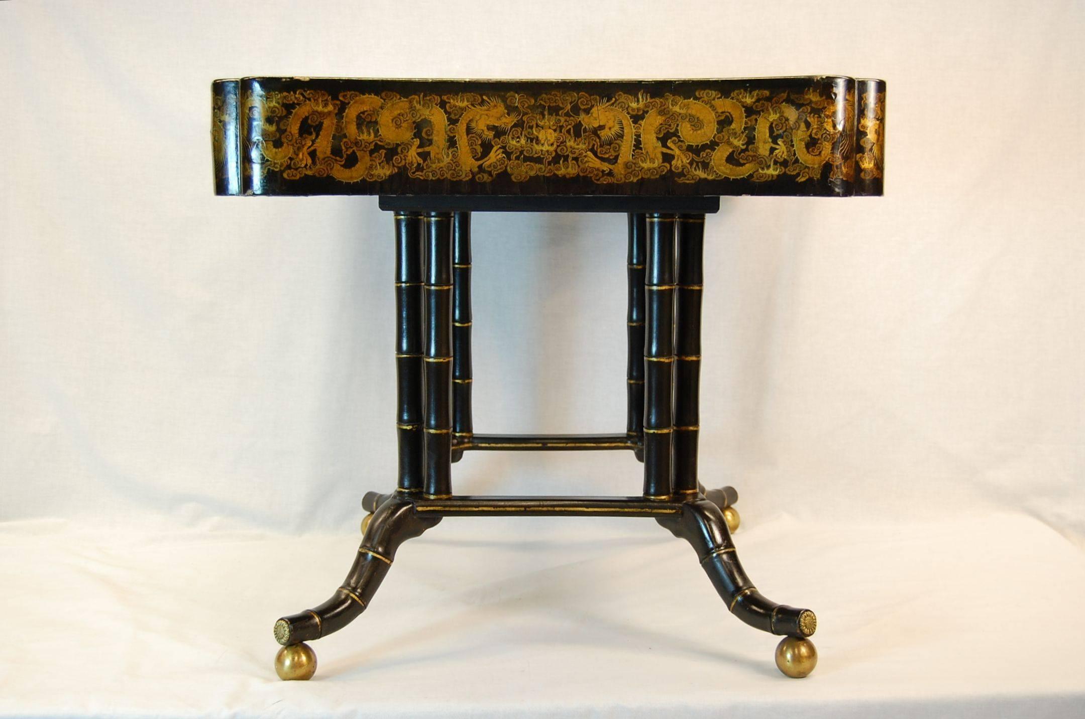 Wood 19th Century Chinoiserie Gold Decorated Games Table