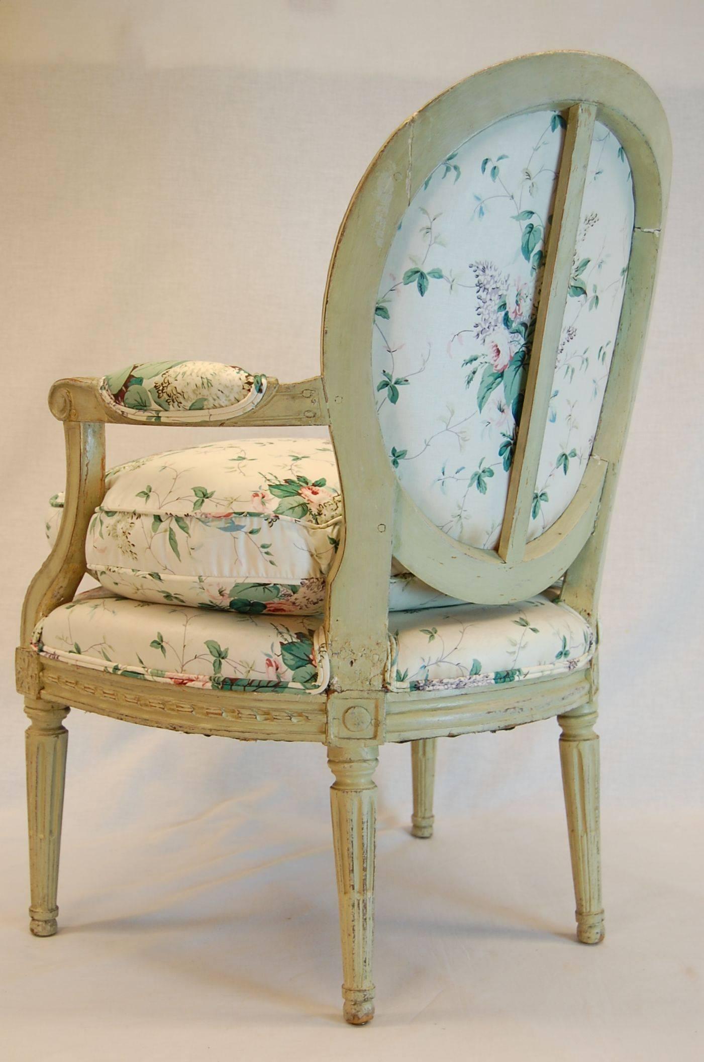 Hand-Carved Louis XVI Carved Wood Fauteuil in Green Painted Finish, circa 1800