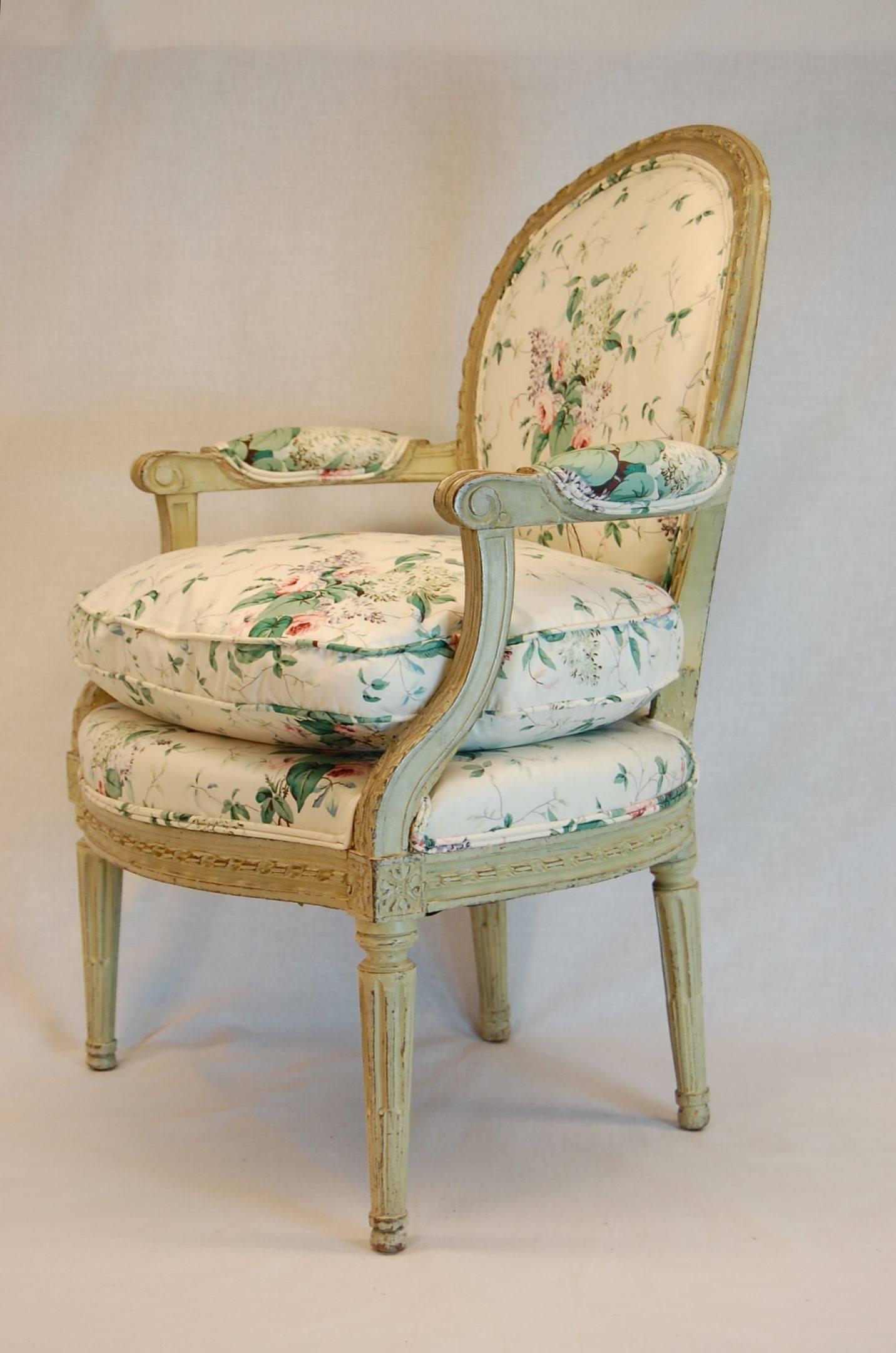 French Louis XVI Carved Wood Fauteuil in Green Painted Finish, circa 1800