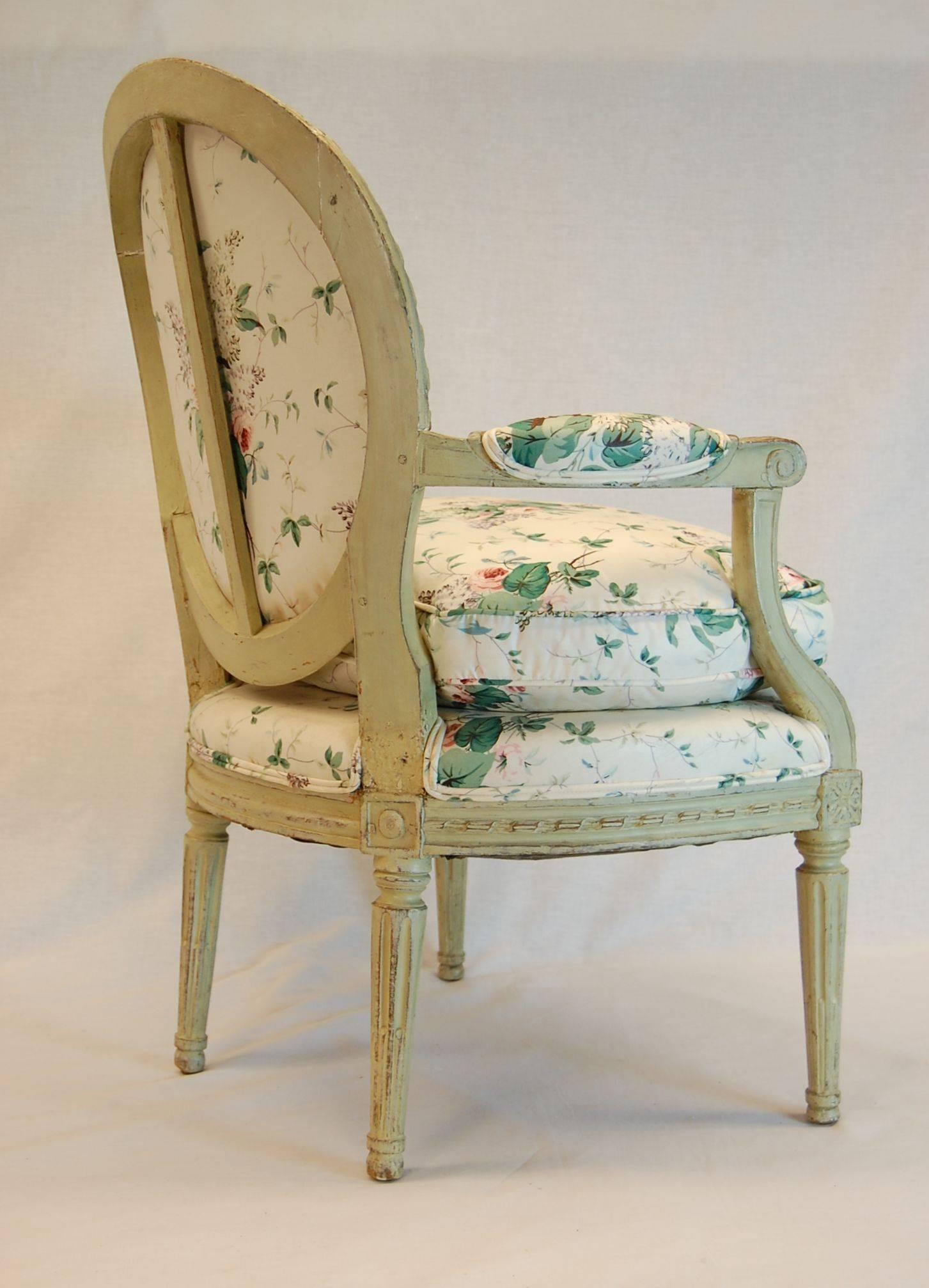 Louis XVI Carved Wood Fauteuil in Green Painted Finish, circa 1800 2