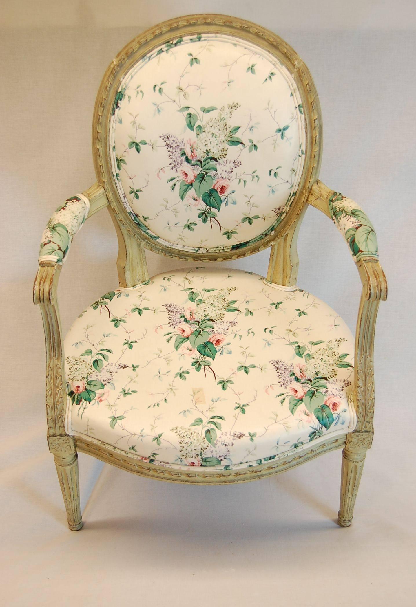 Early 19th Century Louis XVI Carved Wood Fauteuil in Green Painted Finish, circa 1800