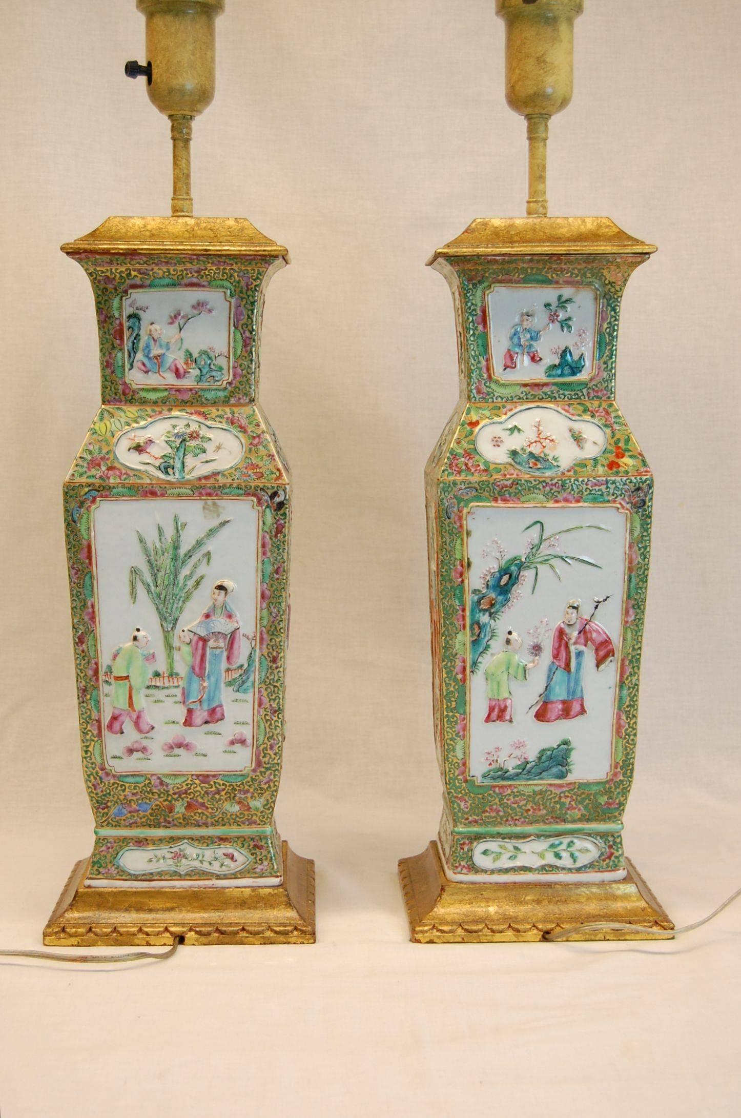 Hand-Crafted Pair of 19th Century Chinese Urn Lamps with Custom Silk Shades