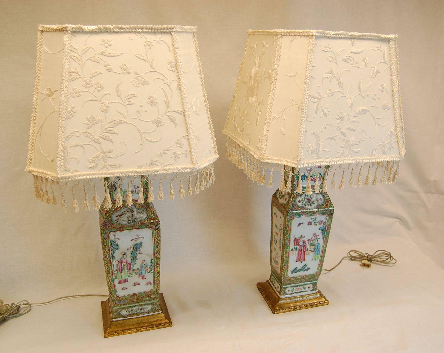 Porcelain Pair of 19th Century Chinese Urn Lamps with Custom Silk Shades