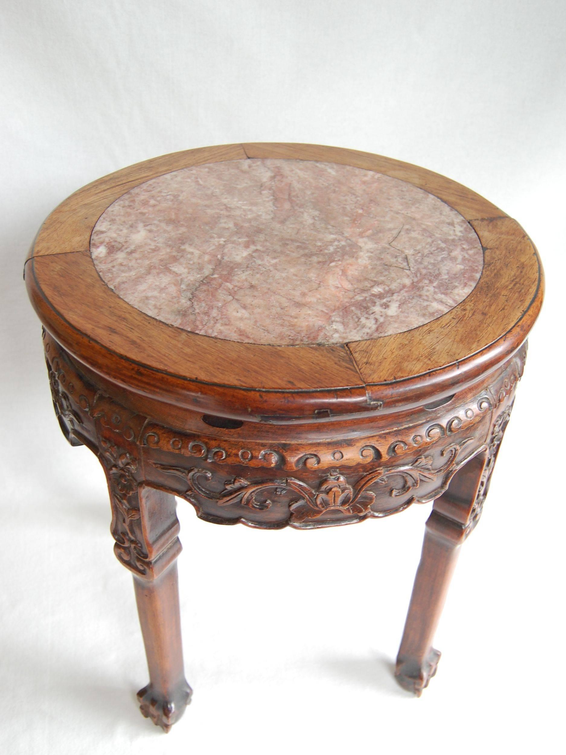 Hand-Carved 19th Century Circular Chinese Carved Rosewood Table with Marble Top For Sale