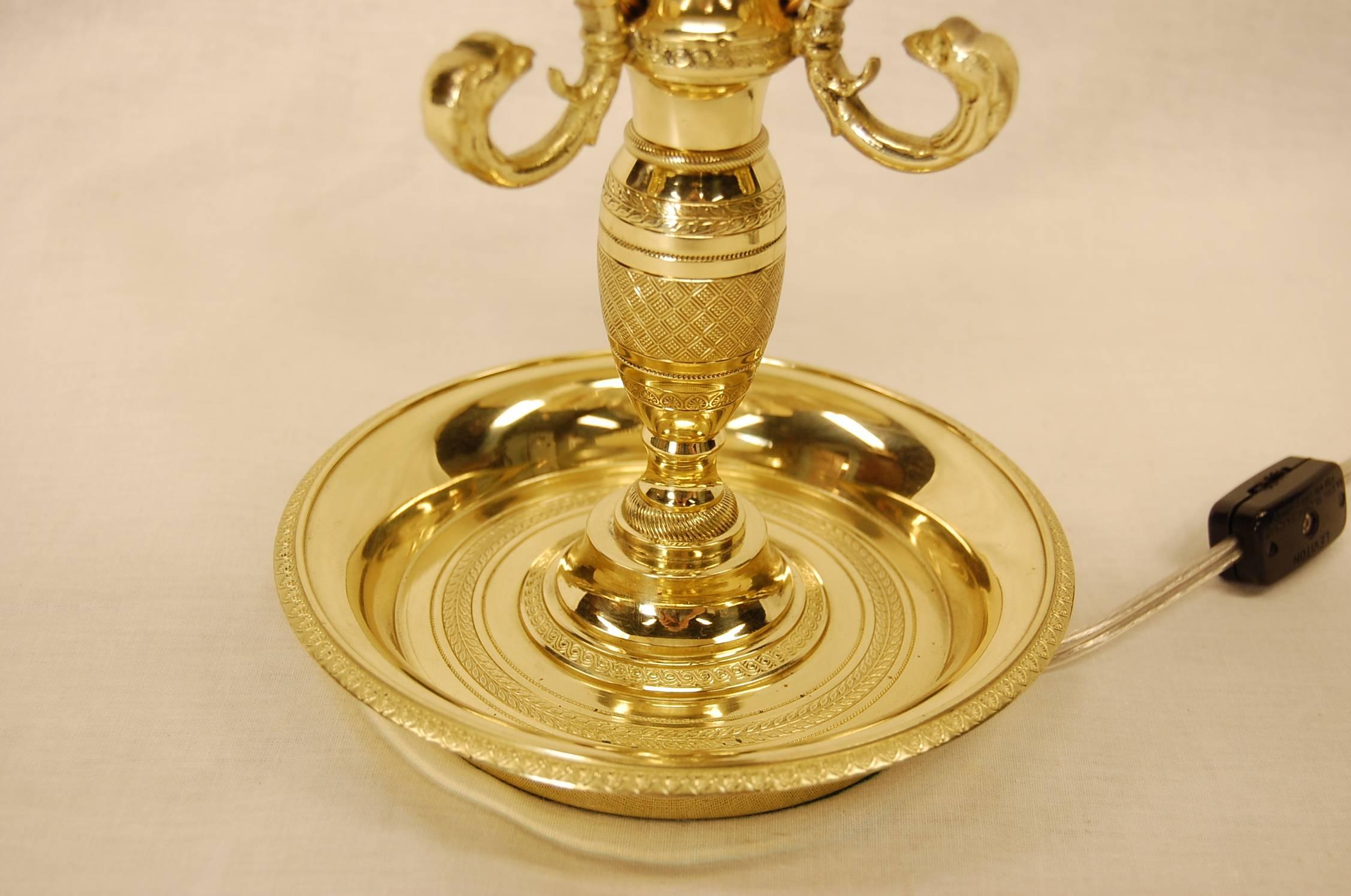 Louis XV Reproduction Solid Brass Bouillotte Lamp with Metal Shade and Fine Etching