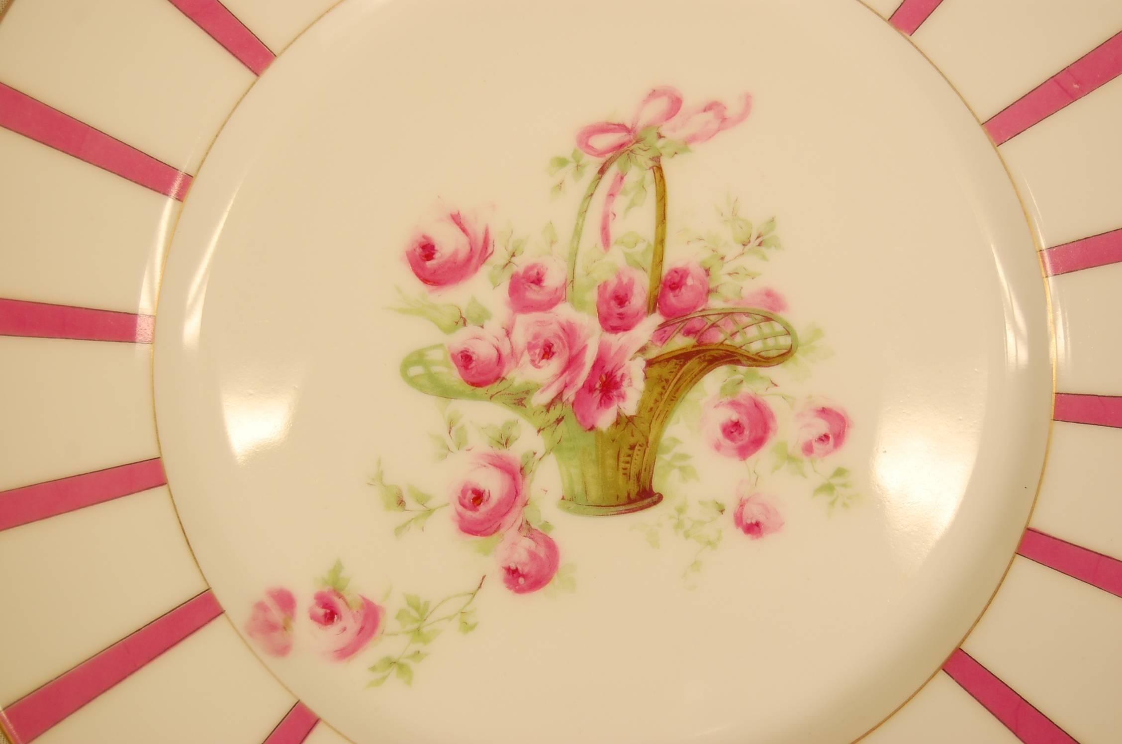 Art Deco Set of 11 Limoges Martin Porcelain Dinner Plates with Pink Roses and Edge Design