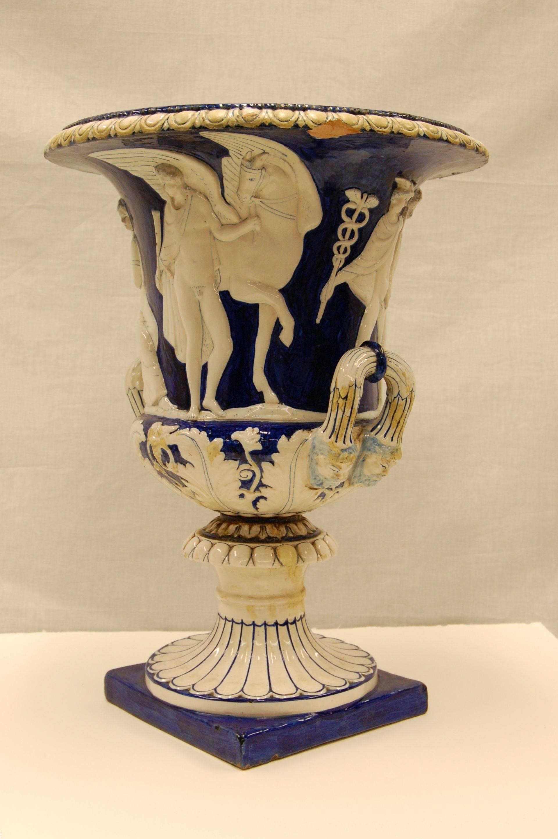 Classical Roman Antique Classically Inspired Majolica Urn in Blue and White Glazed Finish For Sale
