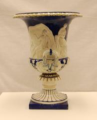 Antique Classically Inspired Majolica Urn in Blue and White Glazed Finish