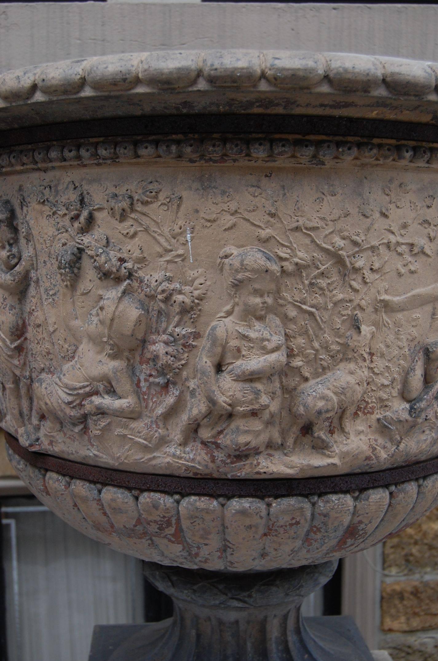 Italian Large Classically Styled 19th Century Terracotta Urn on Modern Cement Plinth For Sale