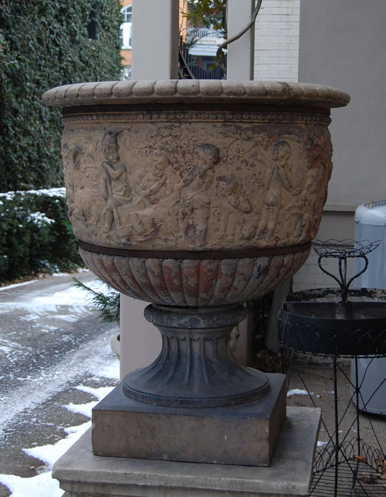 Classical Roman Large Classically Styled 19th Century Terracotta Urn on Modern Cement Plinth For Sale