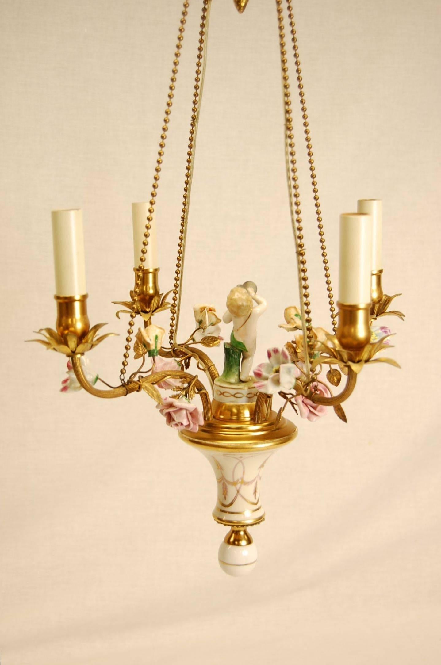 Late Victorian French Gilt Metal Chandelier with Hand-Painted Flowers, Early 20th Century
