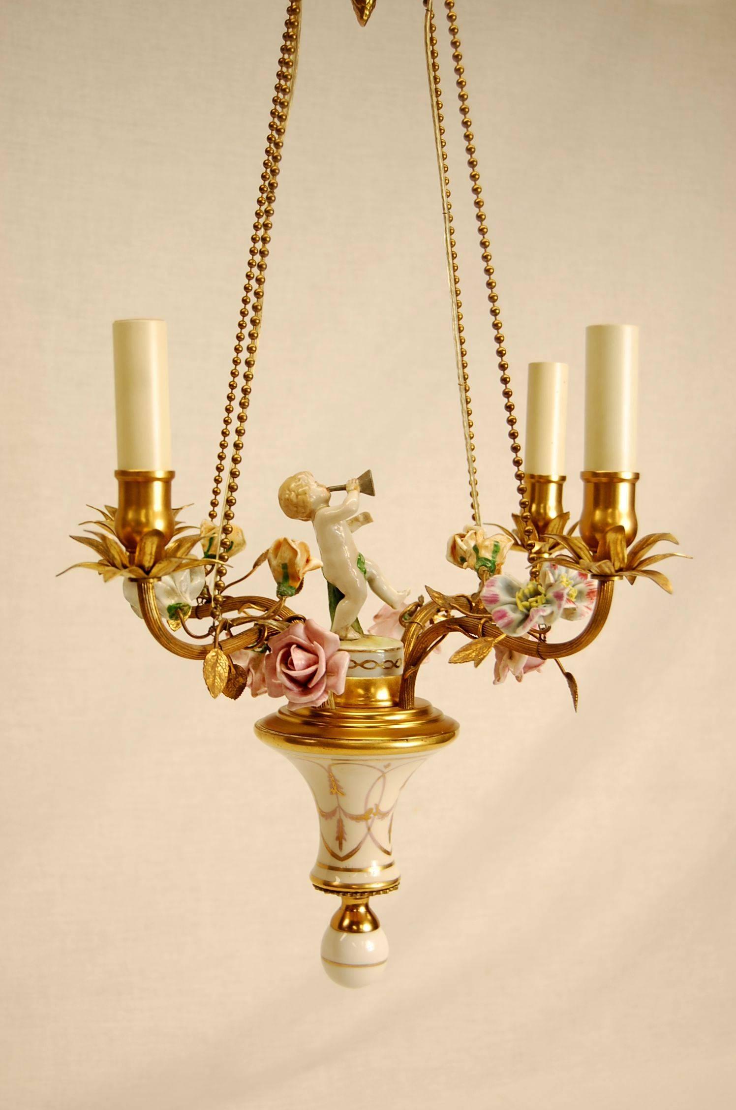 Brass French Gilt Metal Chandelier with Hand-Painted Flowers, Early 20th Century