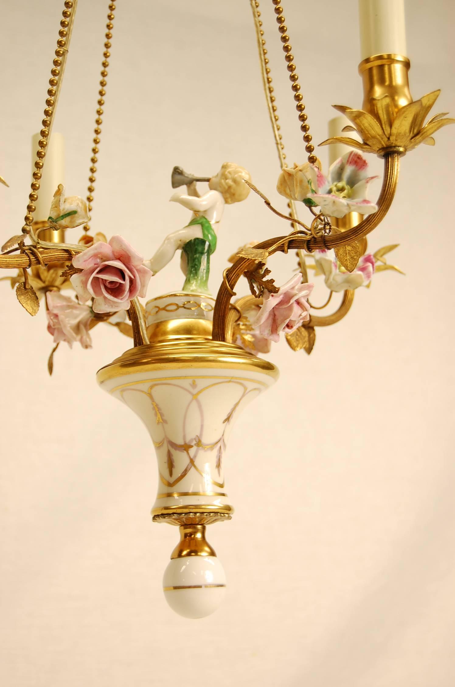 French Gilt Metal Chandelier with Hand-Painted Flowers, Early 20th Century In Excellent Condition In Pittsburgh, PA