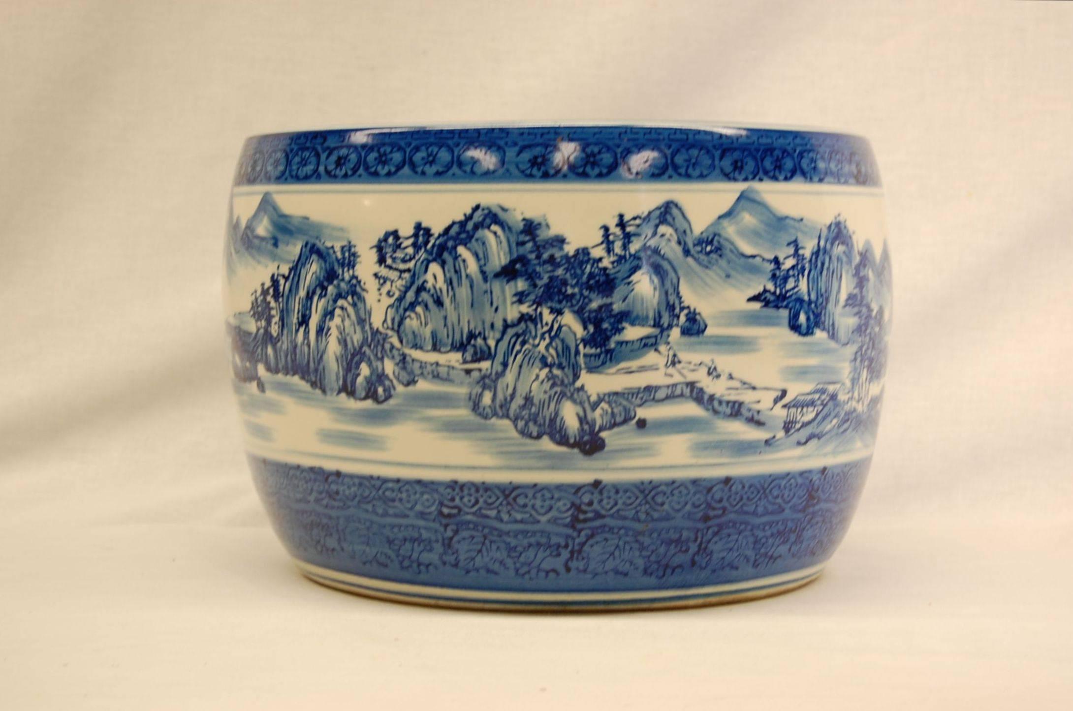 Chinese Export Chinese Blue and White Glazed Circular Terracotta Planter, circa 1985