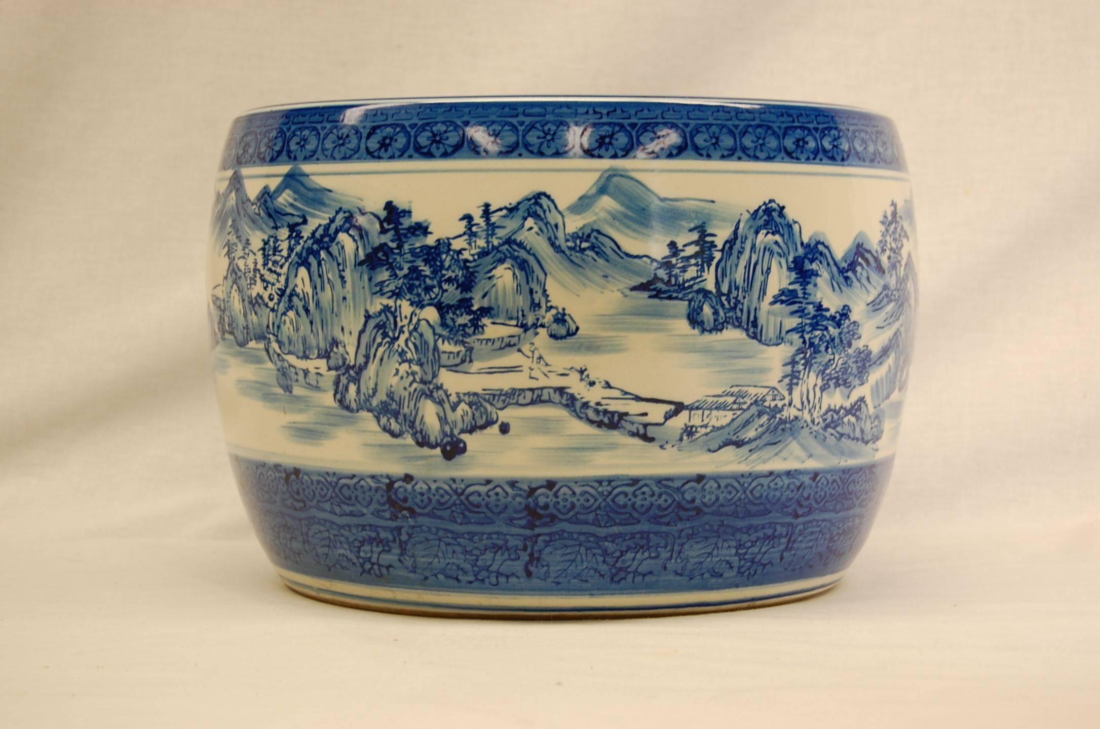 Chinese Blue and White Glazed Circular Terracotta Planter, circa 1985 In Excellent Condition In Pittsburgh, PA