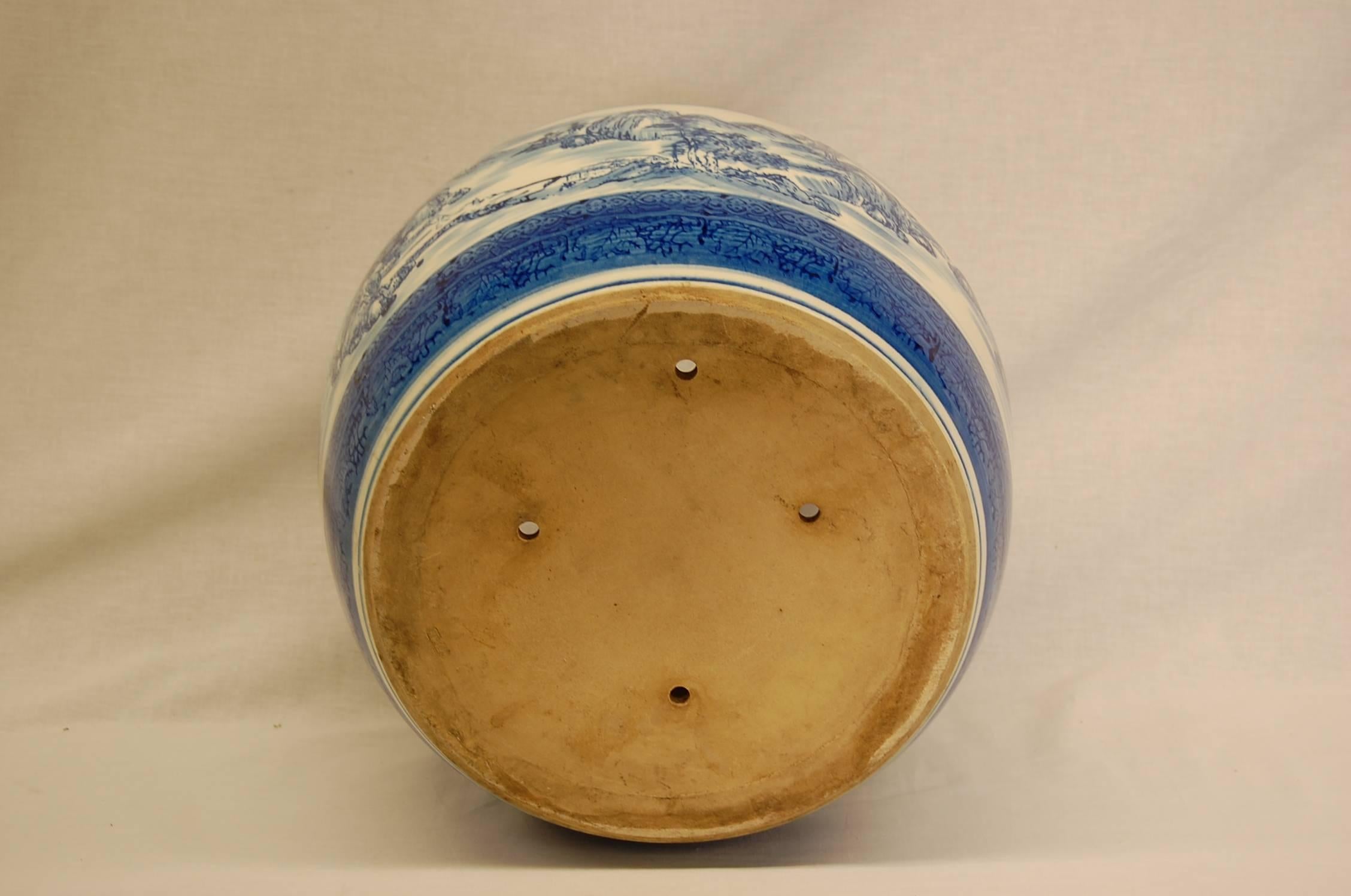 Late 20th Century Chinese Blue and White Glazed Circular Terracotta Planter, circa 1985