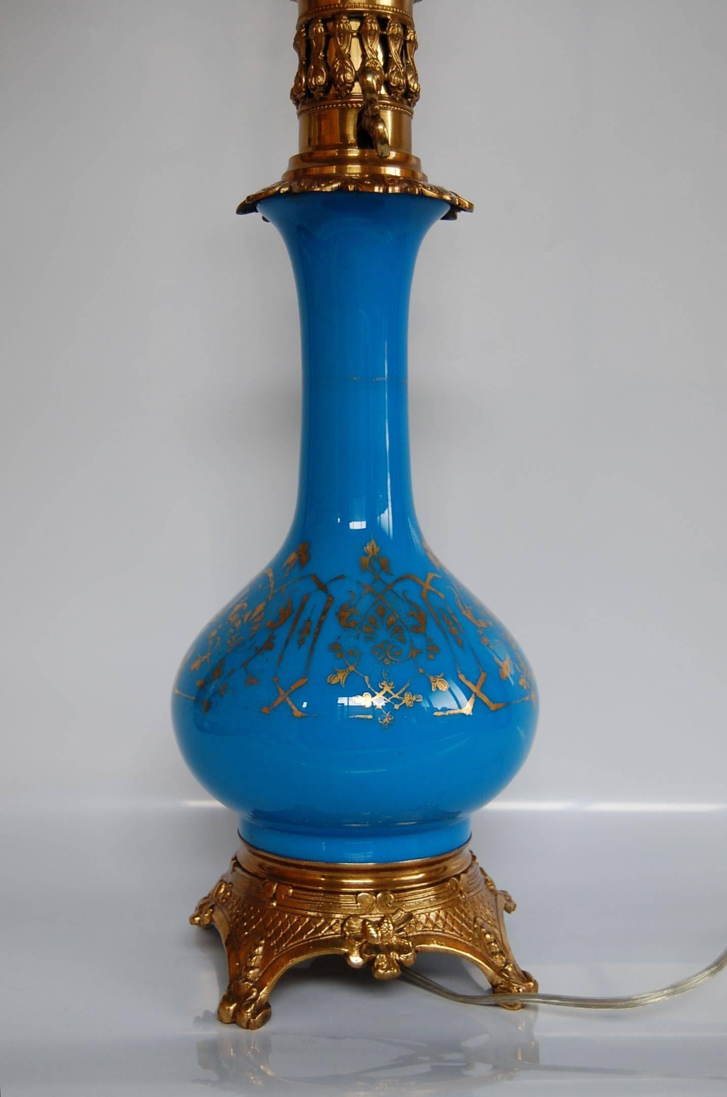 Victorian Late 19th Century Blue Opaline Glass French Oil Lamp, circa 1880