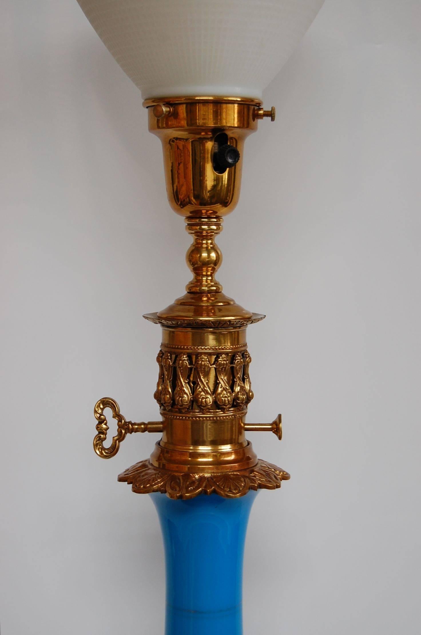 Late 19th Century Blue Opaline Glass French Oil Lamp, circa 1880 1
