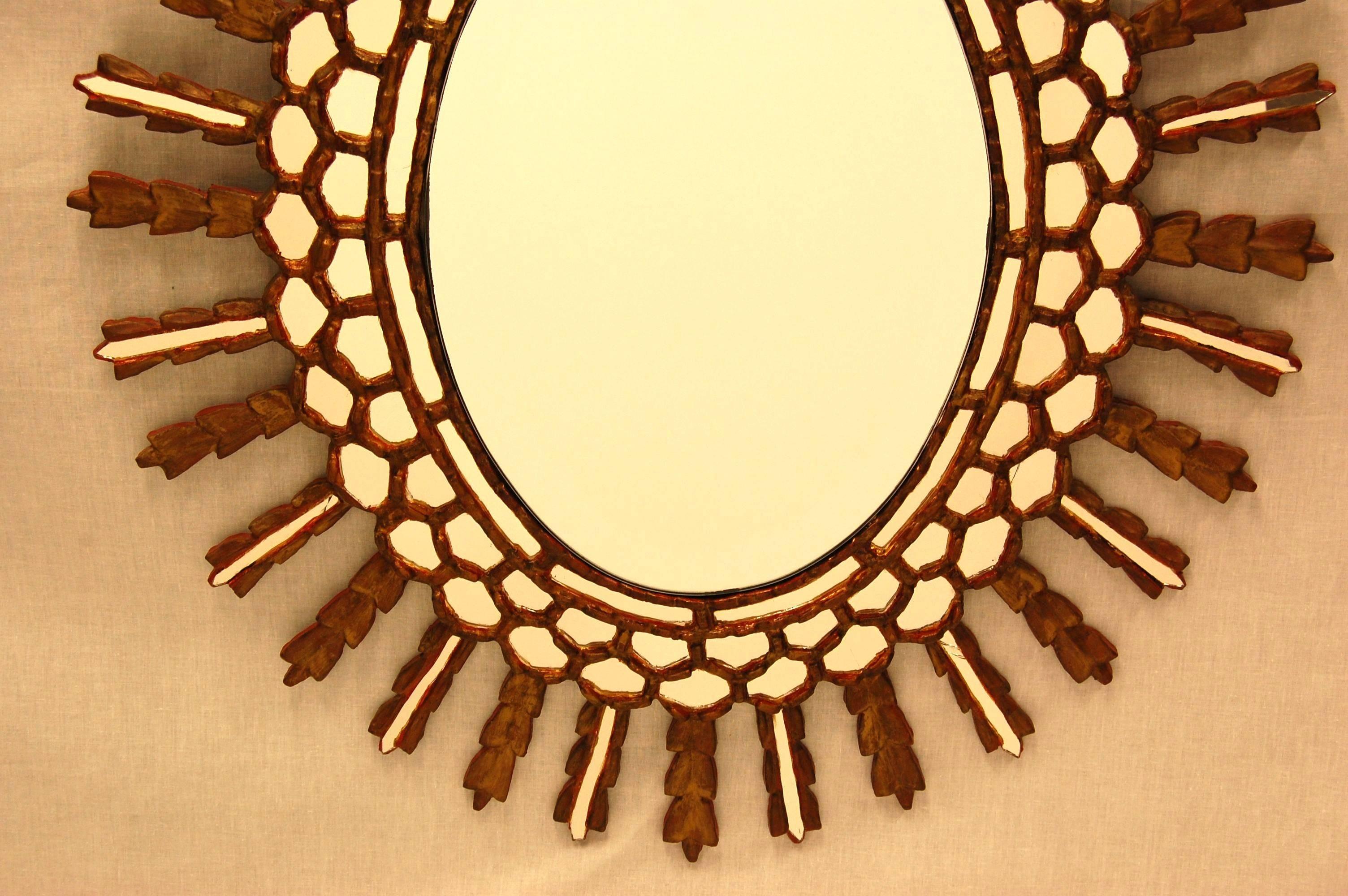 Unknown Oval Gold Leaf Italian Sunburst Style Wall Mirror, Mid-20th Century For Sale