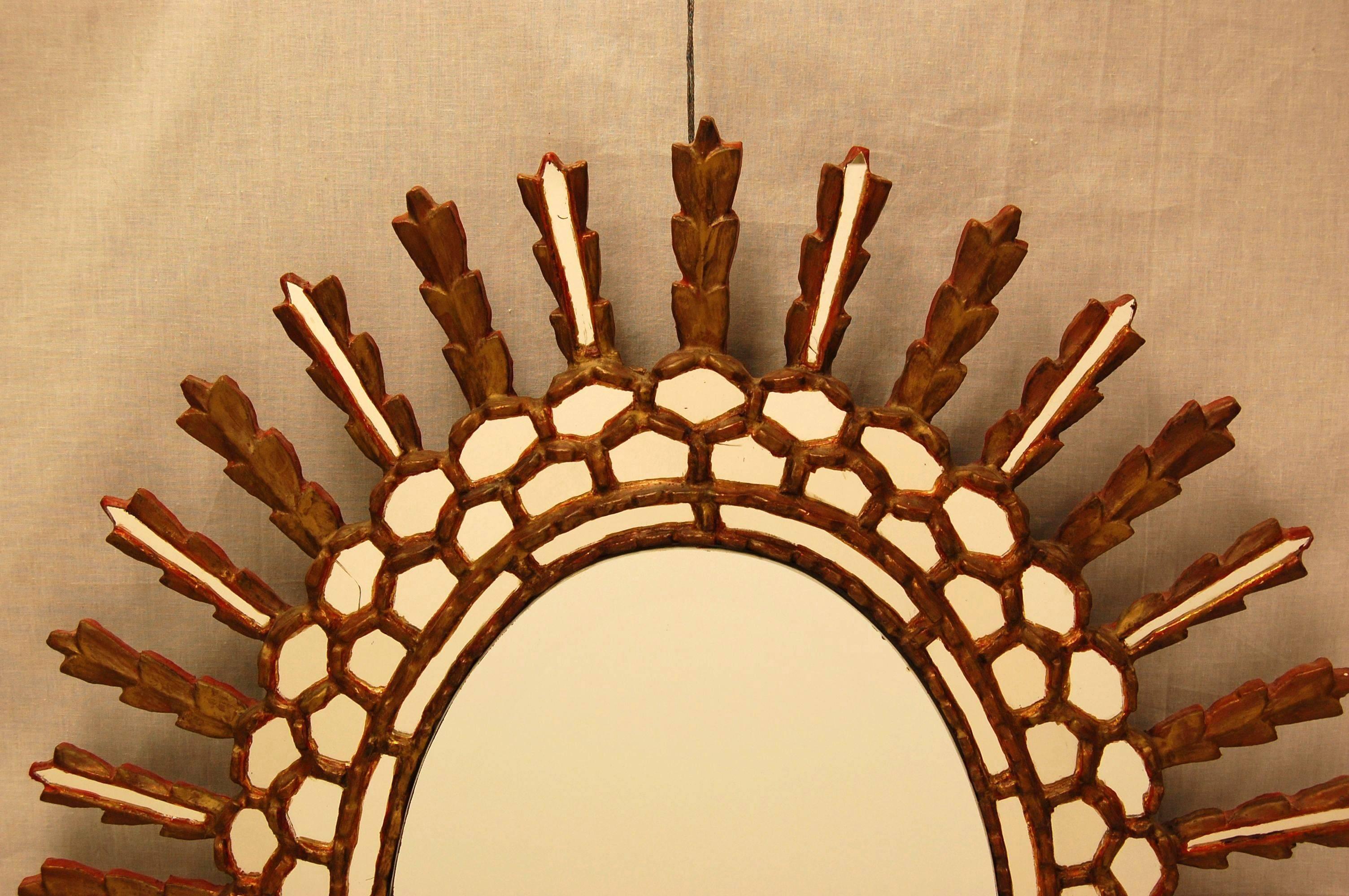 Art Deco Oval Gold Leaf Italian Sunburst Style Wall Mirror, Mid-20th Century For Sale
