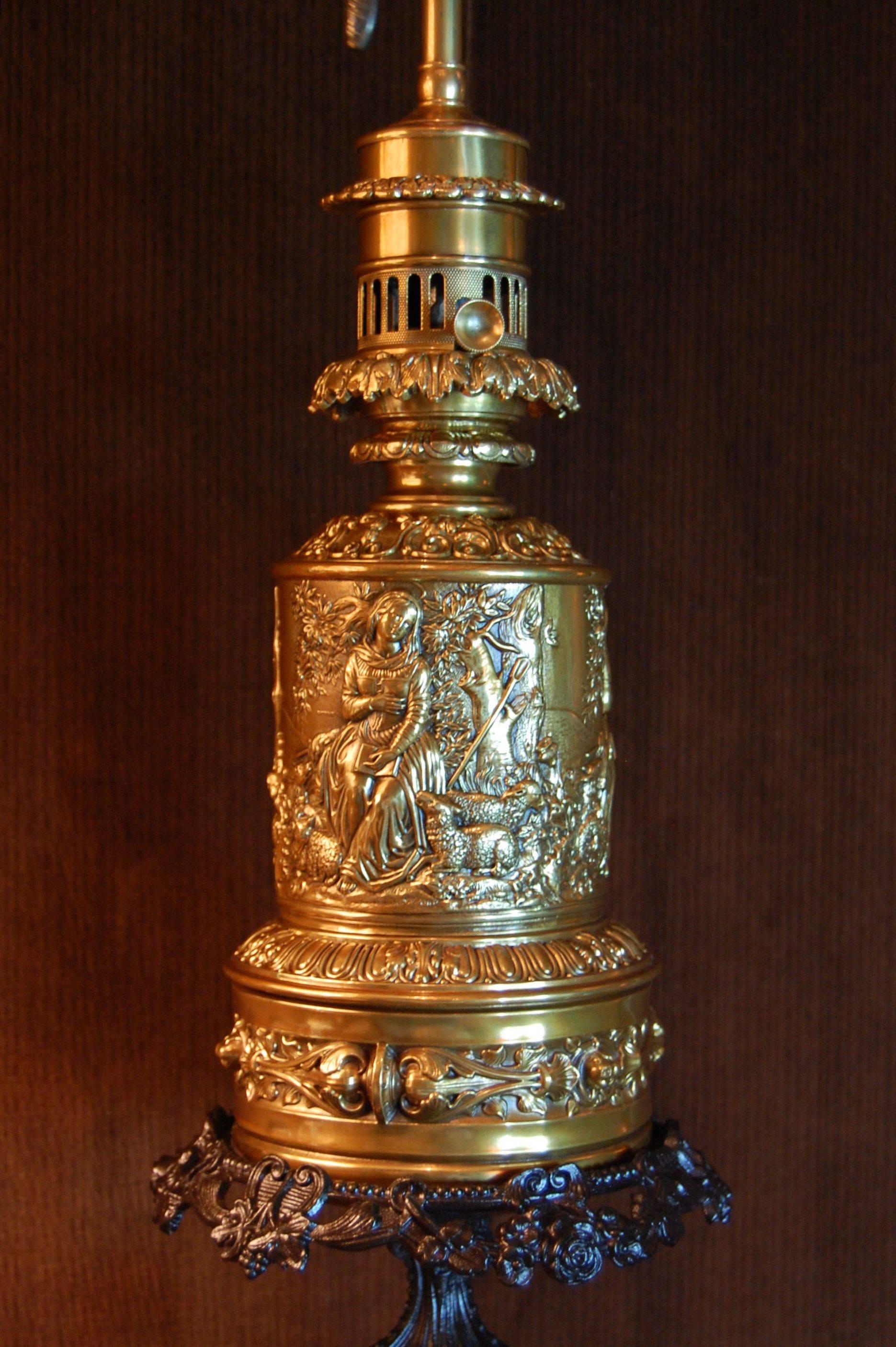 High Victorian Gilt Finished Brass Oil Lamp on Tazza Base