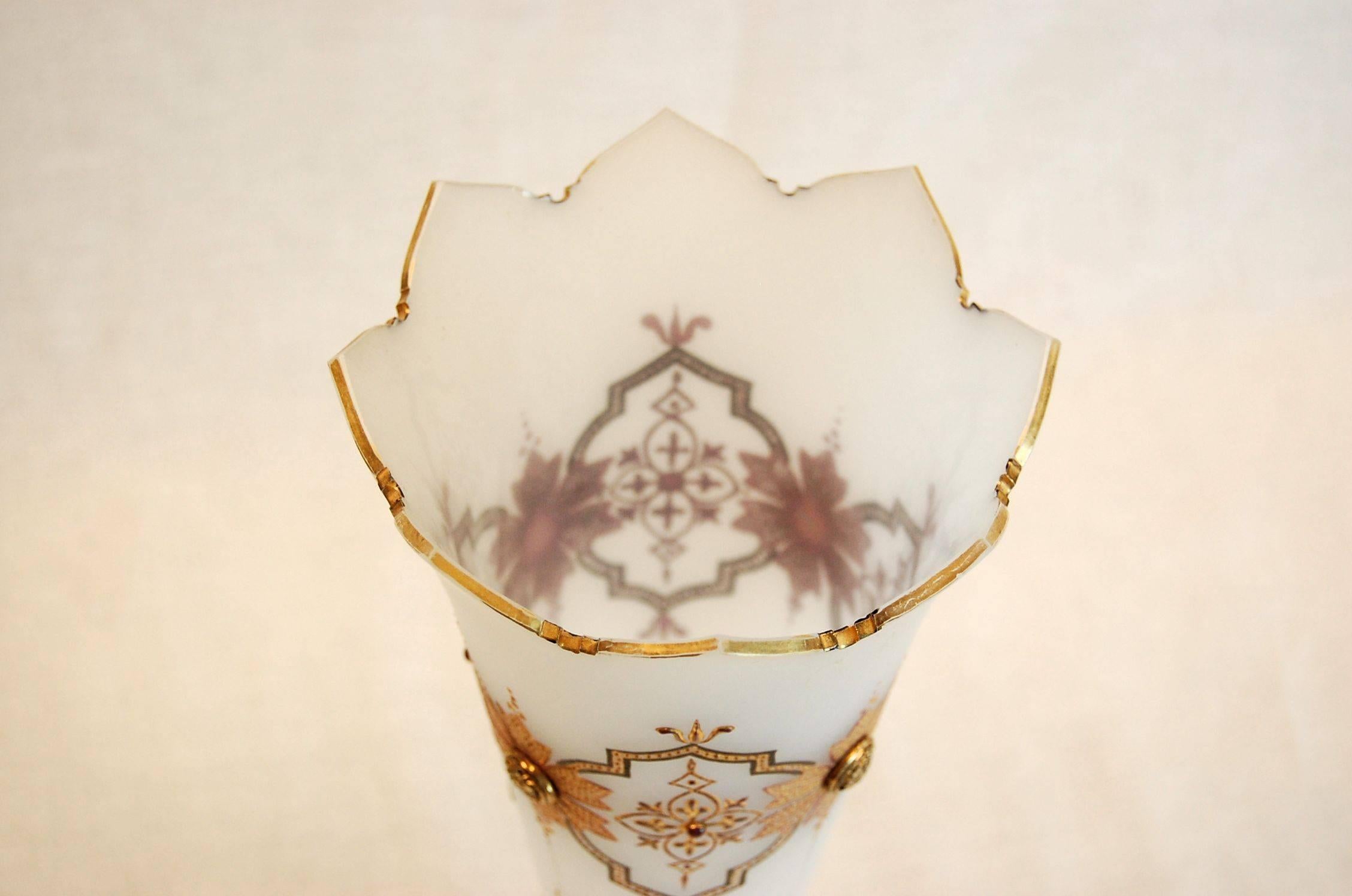 19th Century French Opaline Satin Glass Vase with Raised Gold Decorations In Excellent Condition In Pittsburgh, PA