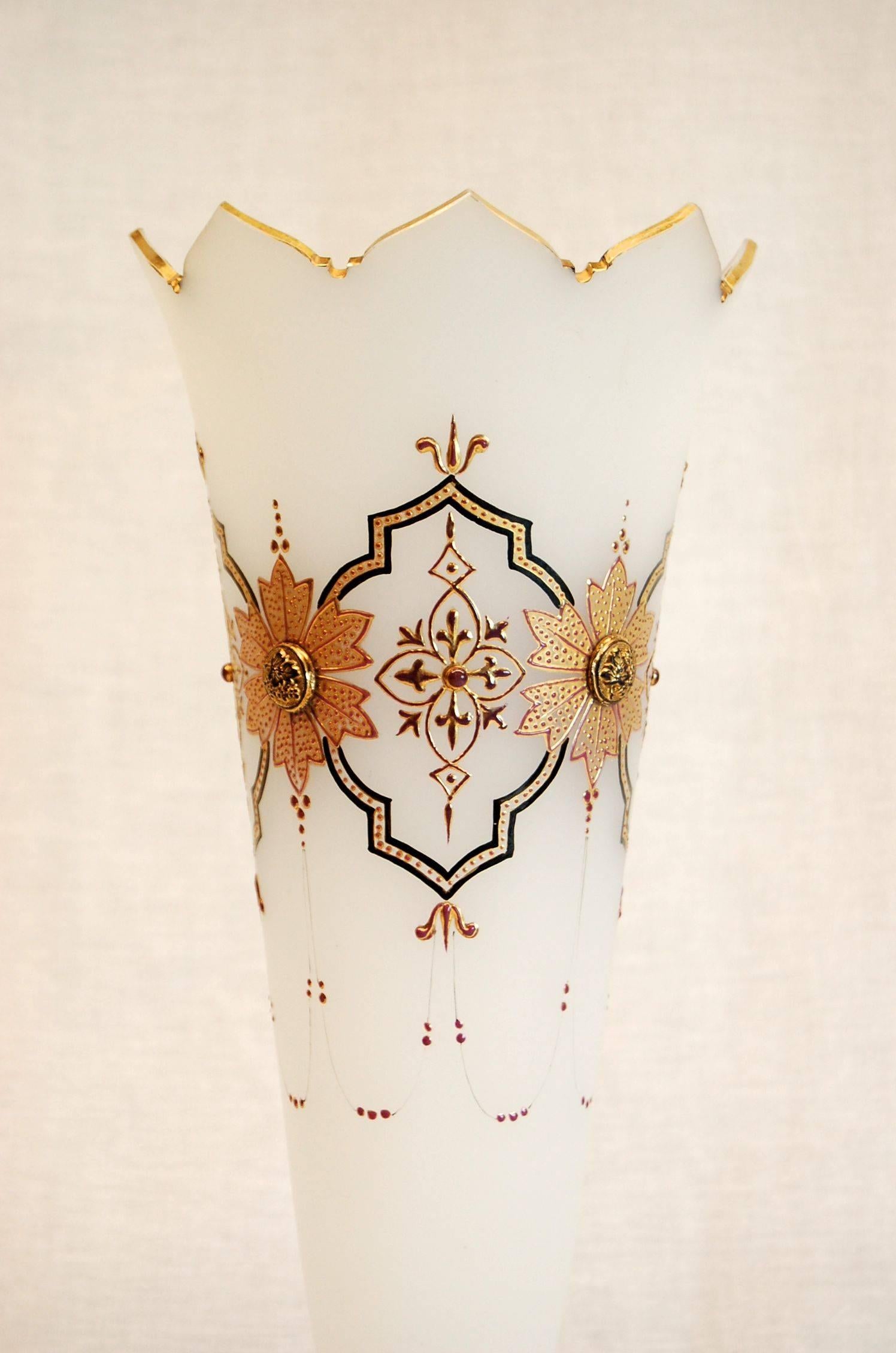 Mid-19th Century 19th Century French Opaline Satin Glass Vase with Raised Gold Decorations