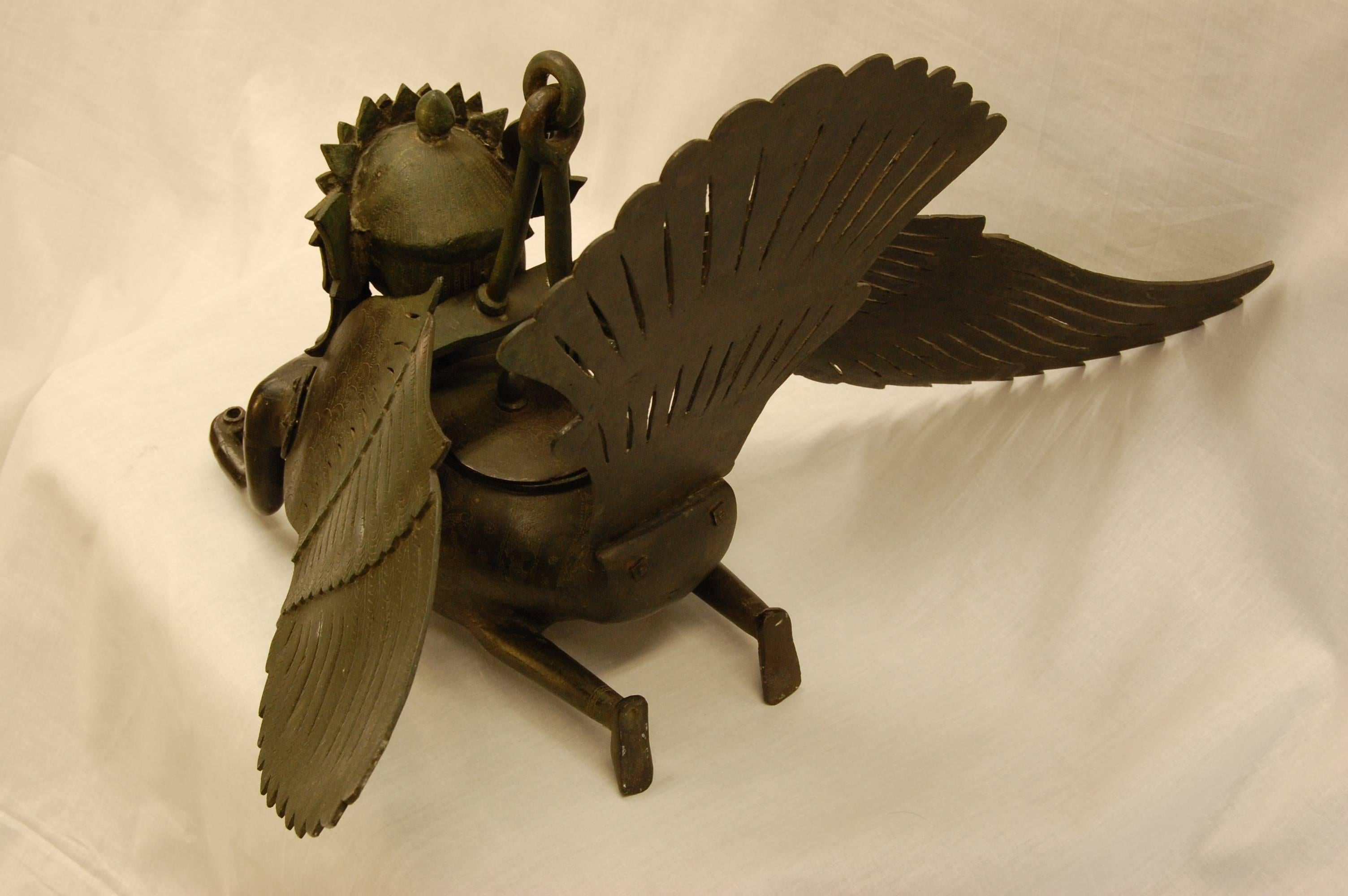 19th Century Hanging Bronze Winged Garuda Incense Burner In Excellent Condition For Sale In Pittsburgh, PA