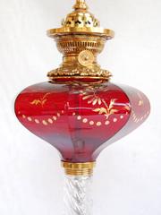 Mid 19th Century Ruby Glass Font Oil Lamp w/ Clear Twisted Glass Column C. 1865