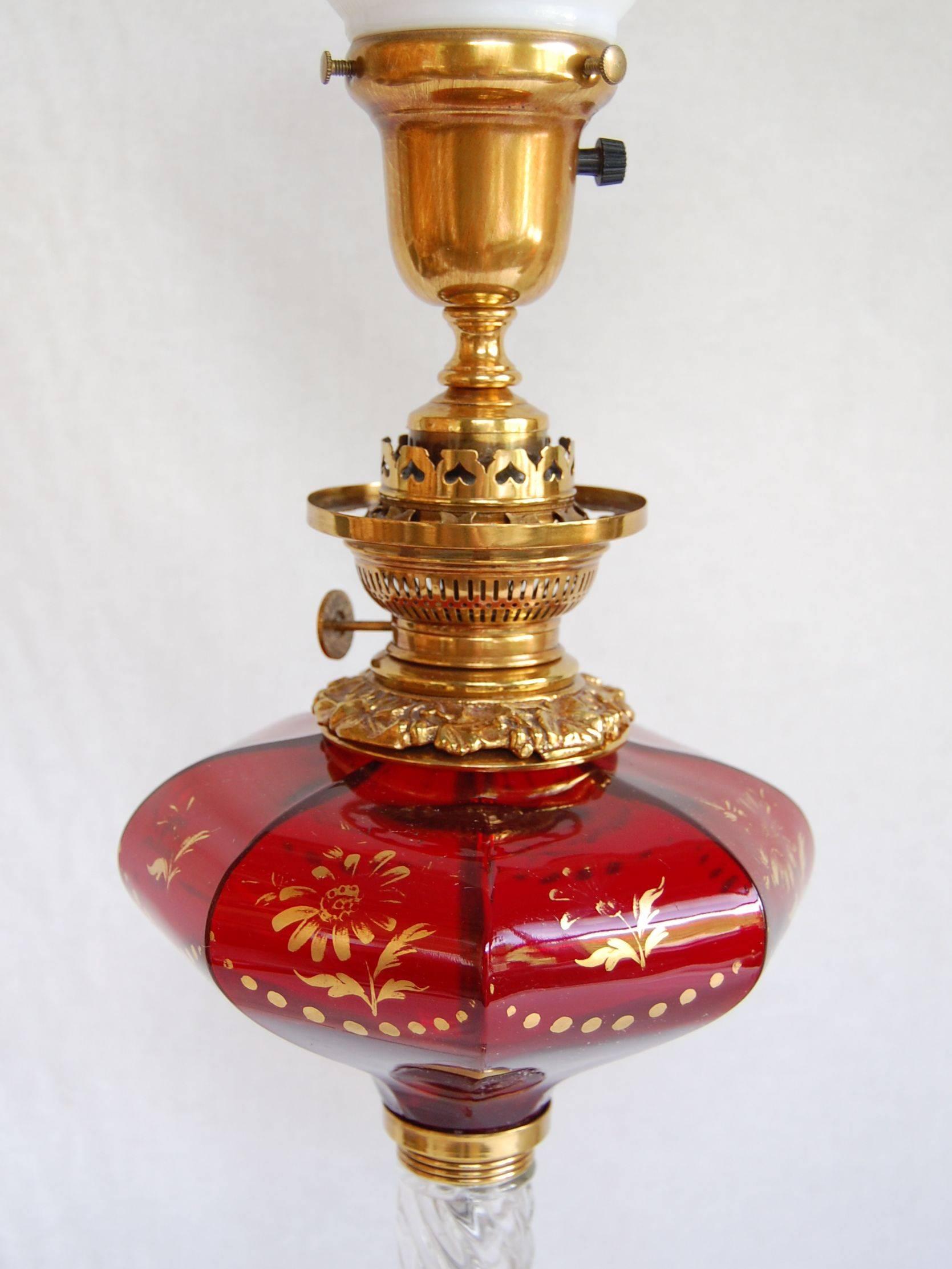 Unknown Mid 19th Century Ruby Glass Font Oil Lamp w/ Clear Twisted Glass Column C. 1865 For Sale