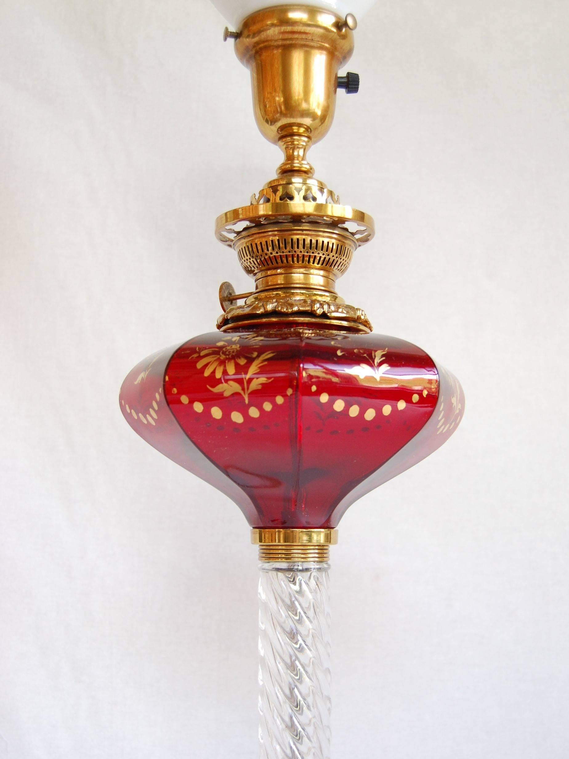 Mid-19th Century Mid 19th Century Ruby Glass Font Oil Lamp w/ Clear Twisted Glass Column C. 1865 For Sale