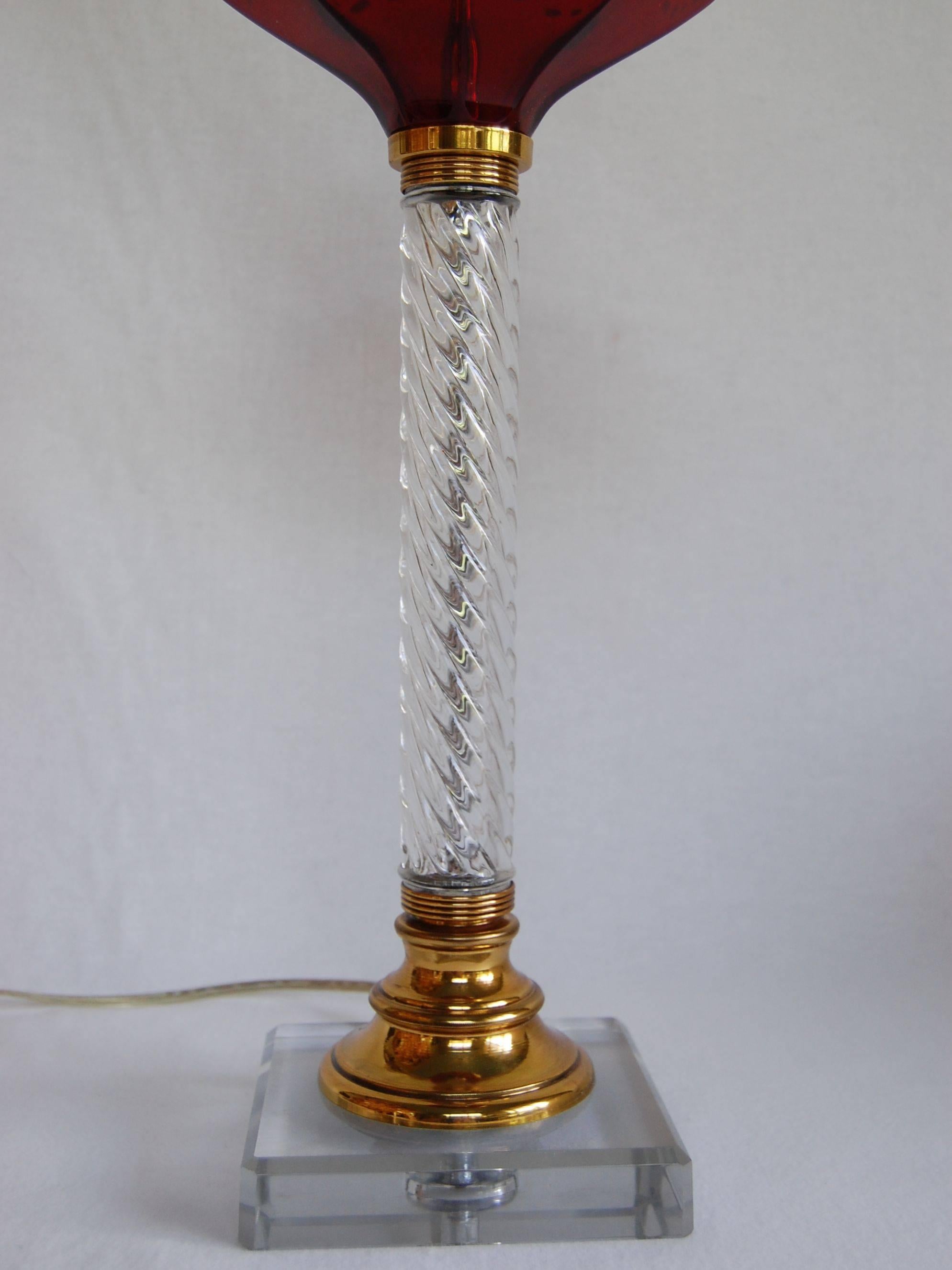 Mid 19th Century Ruby Glass Font Oil Lamp w/ Clear Twisted Glass Column C. 1865 For Sale 1