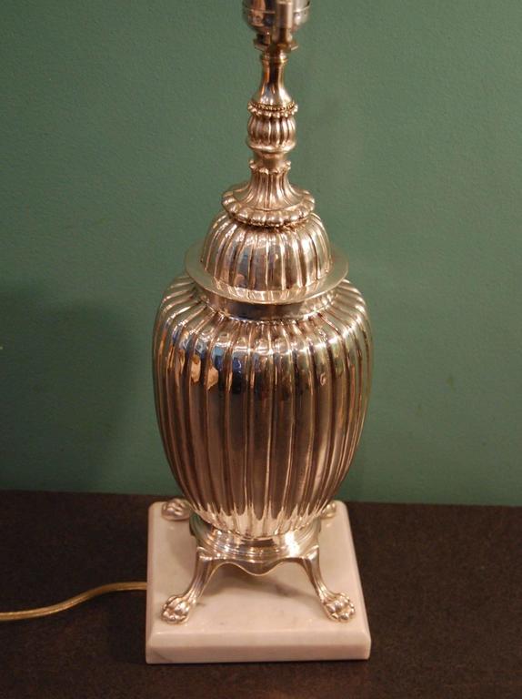 English Silver Plate Melon Shaped Urn Wired as a Lamp on White Marble Base, circa 1925 For Sale