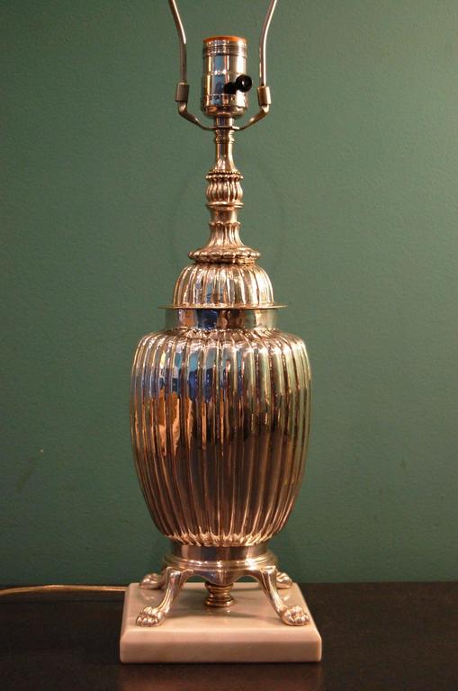 Edwardian Silver Plate Melon Shaped Urn Wired as a Lamp on White Marble Base, circa 1925 For Sale