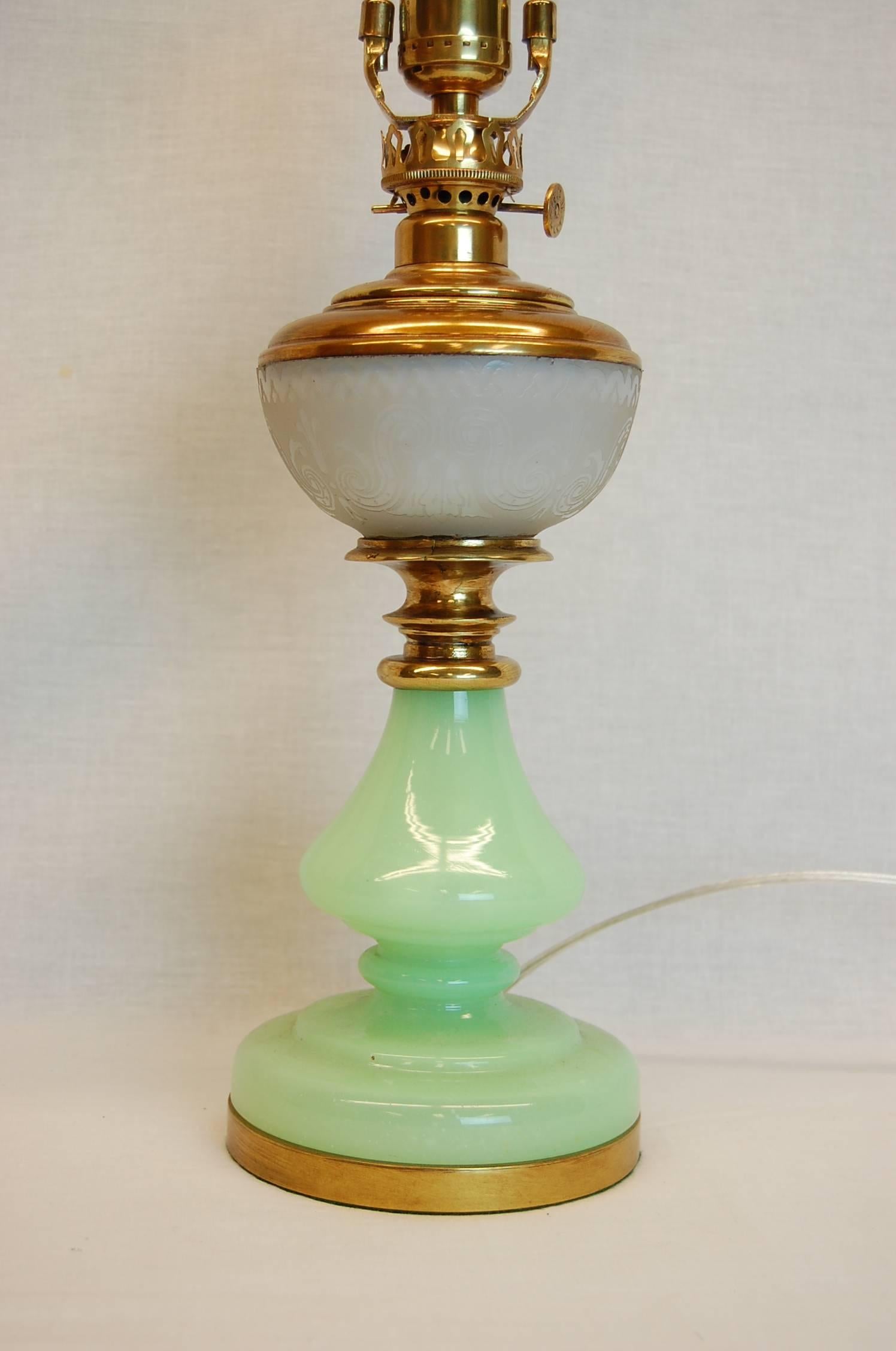 Late Victorian 19th Century Victorian Era Oil Lamp with Mint Green Glass Base & Cut Glass Font