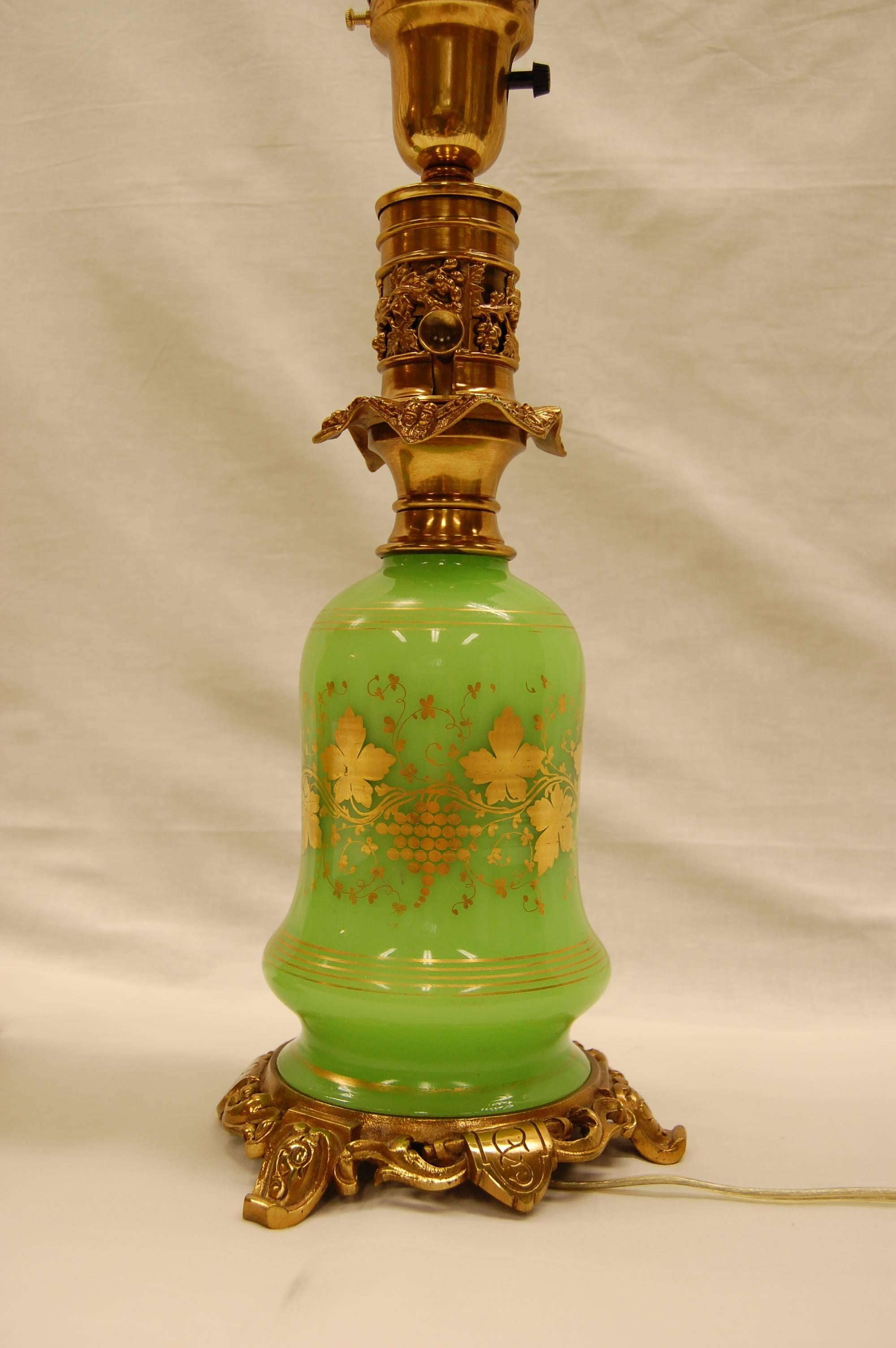 Pair of Green Opaline Gold Leaf Decorated French Oil Lamps, circa 1860 In Excellent Condition In Pittsburgh, PA