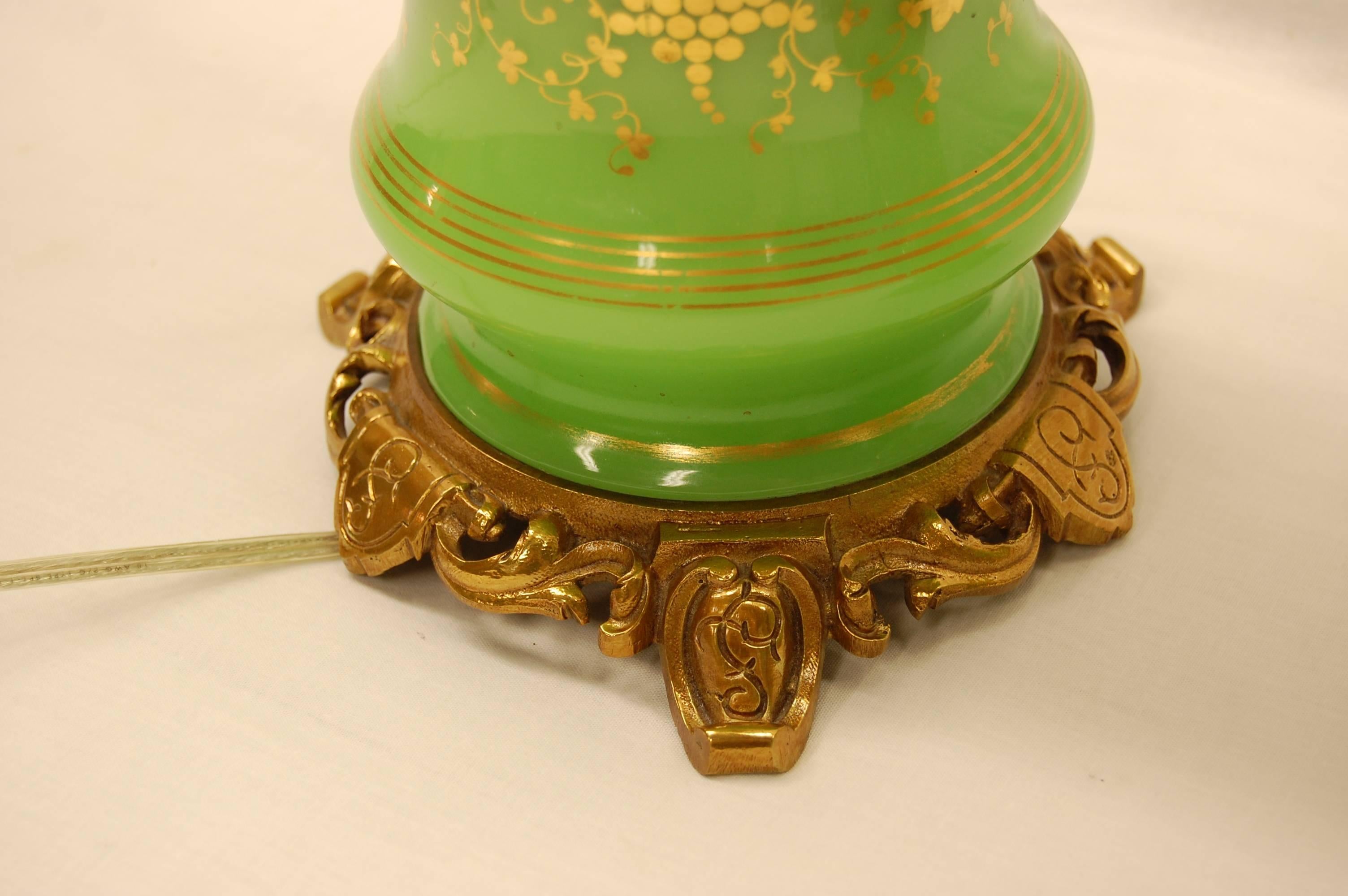 Brass Pair of Green Opaline Gold Leaf Decorated French Oil Lamps, circa 1860