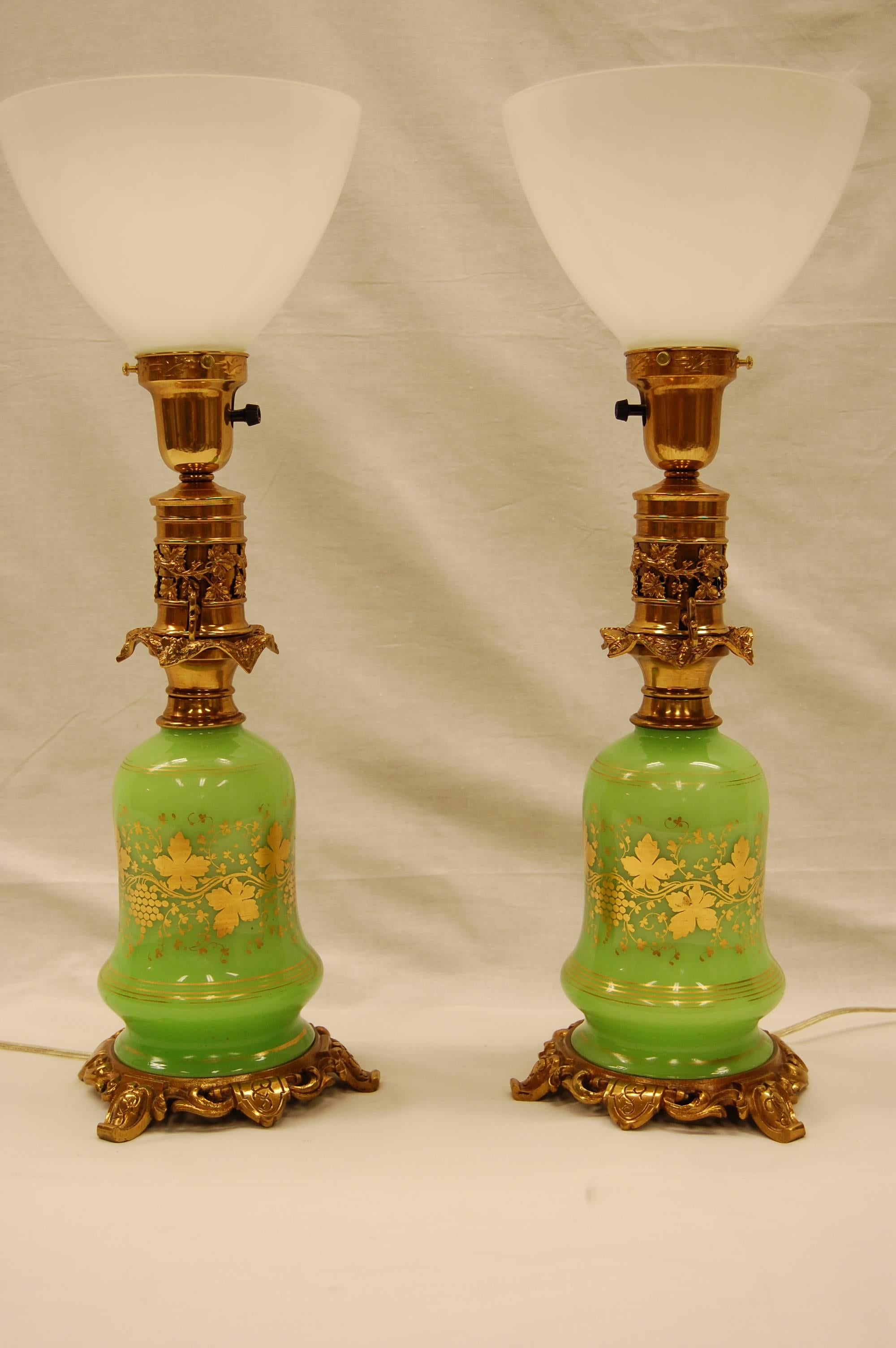 Early Victorian Pair of Green Opaline Gold Leaf Decorated French Oil Lamps, circa 1860