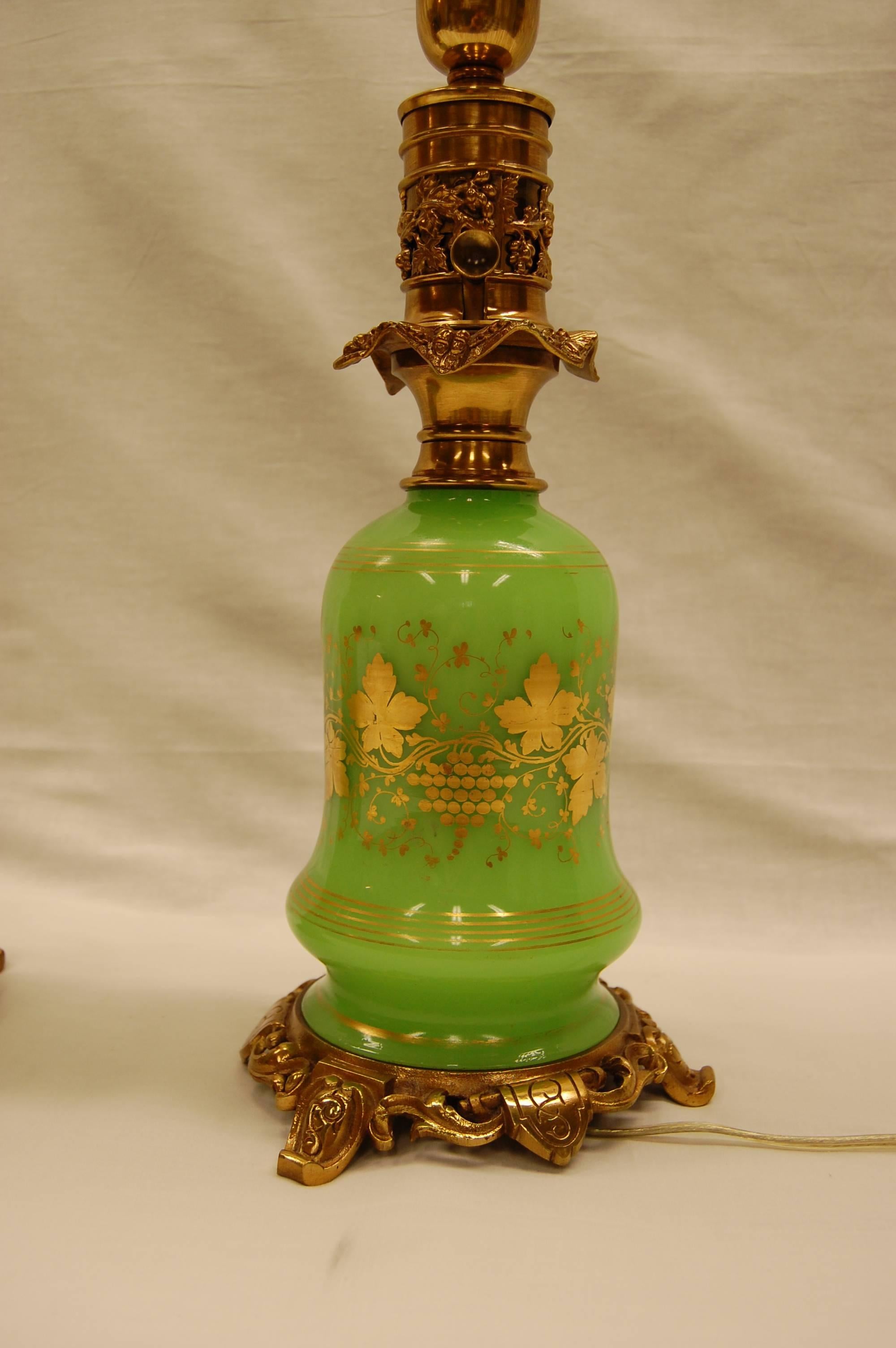 English Pair of Green Opaline Gold Leaf Decorated French Oil Lamps, circa 1860