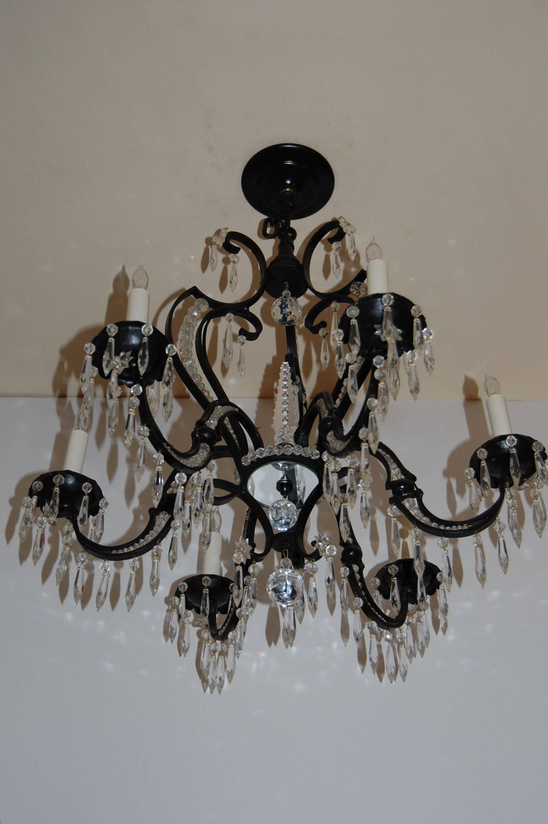 Unknown Iron and Crystal Six-Light Chandelier, circa 1920s-1930s For Sale