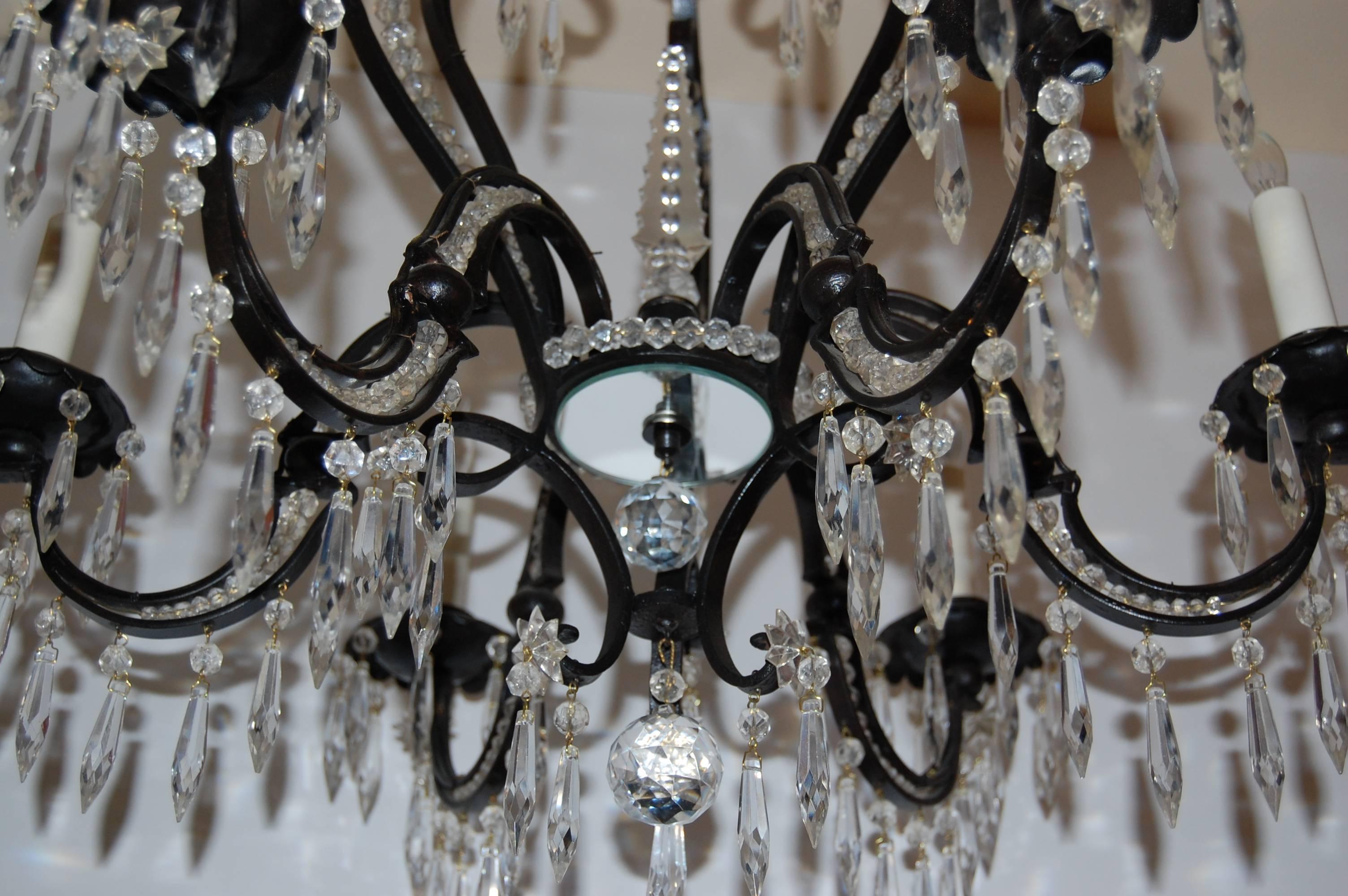 Iron and Crystal Six-Light Chandelier, circa 1920s-1930s In Excellent Condition For Sale In Pittsburgh, PA