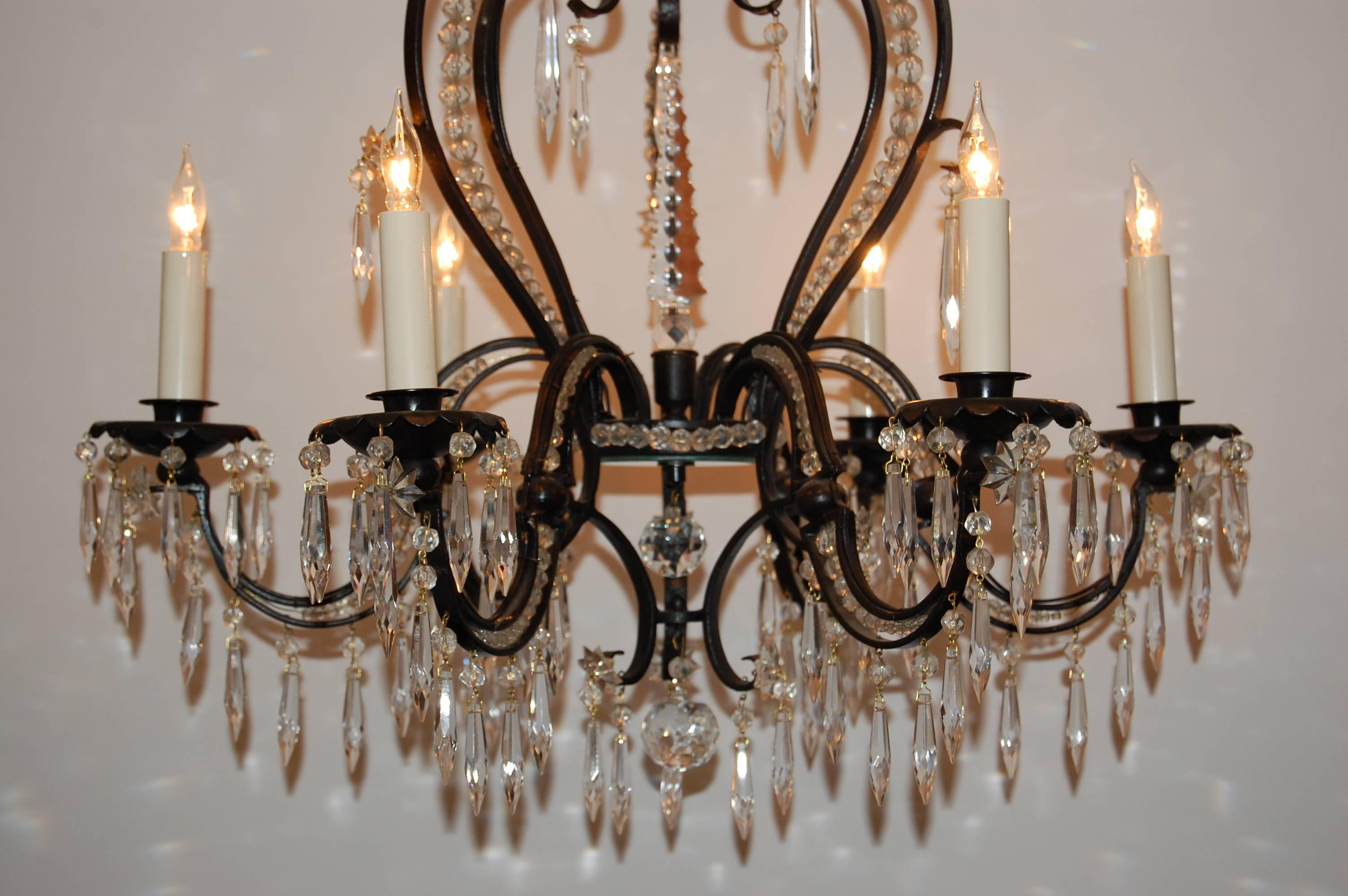 Art Deco Iron and Crystal Six-Light Chandelier, circa 1920s-1930s For Sale
