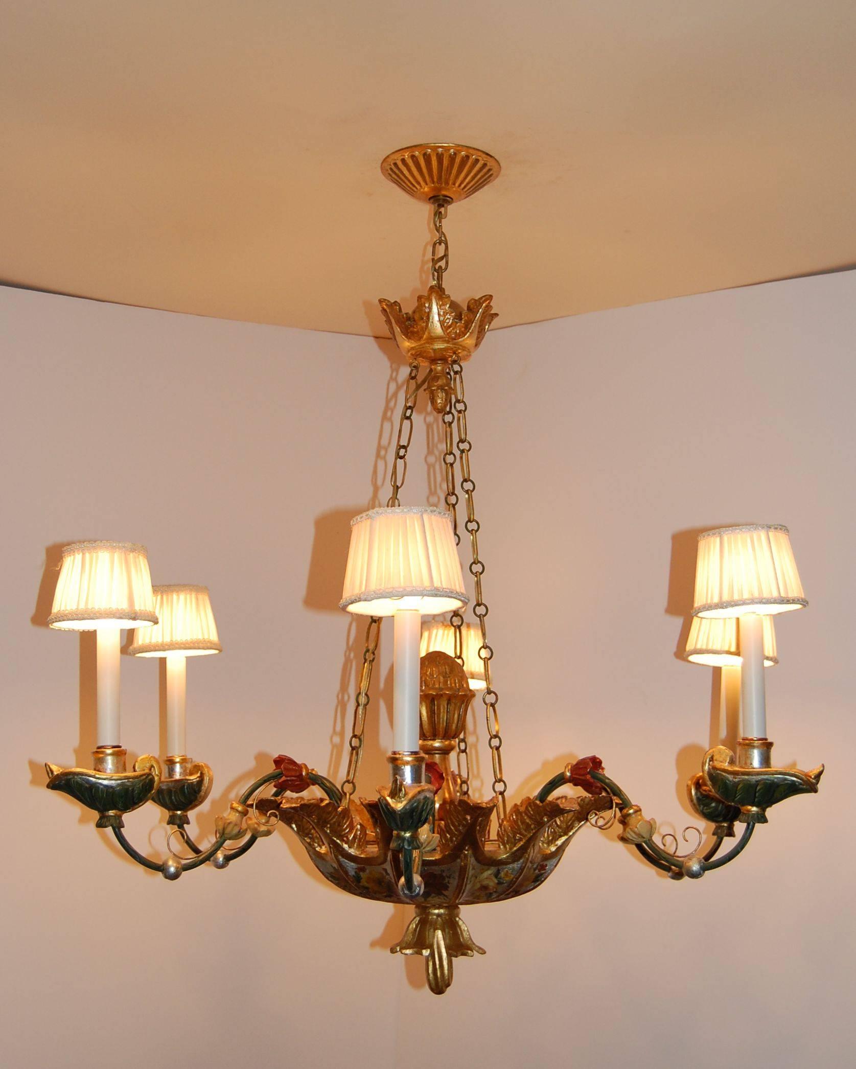 Early 19th Century Italian Polychromed Six-Light Chandelier In Excellent Condition For Sale In Pittsburgh, PA