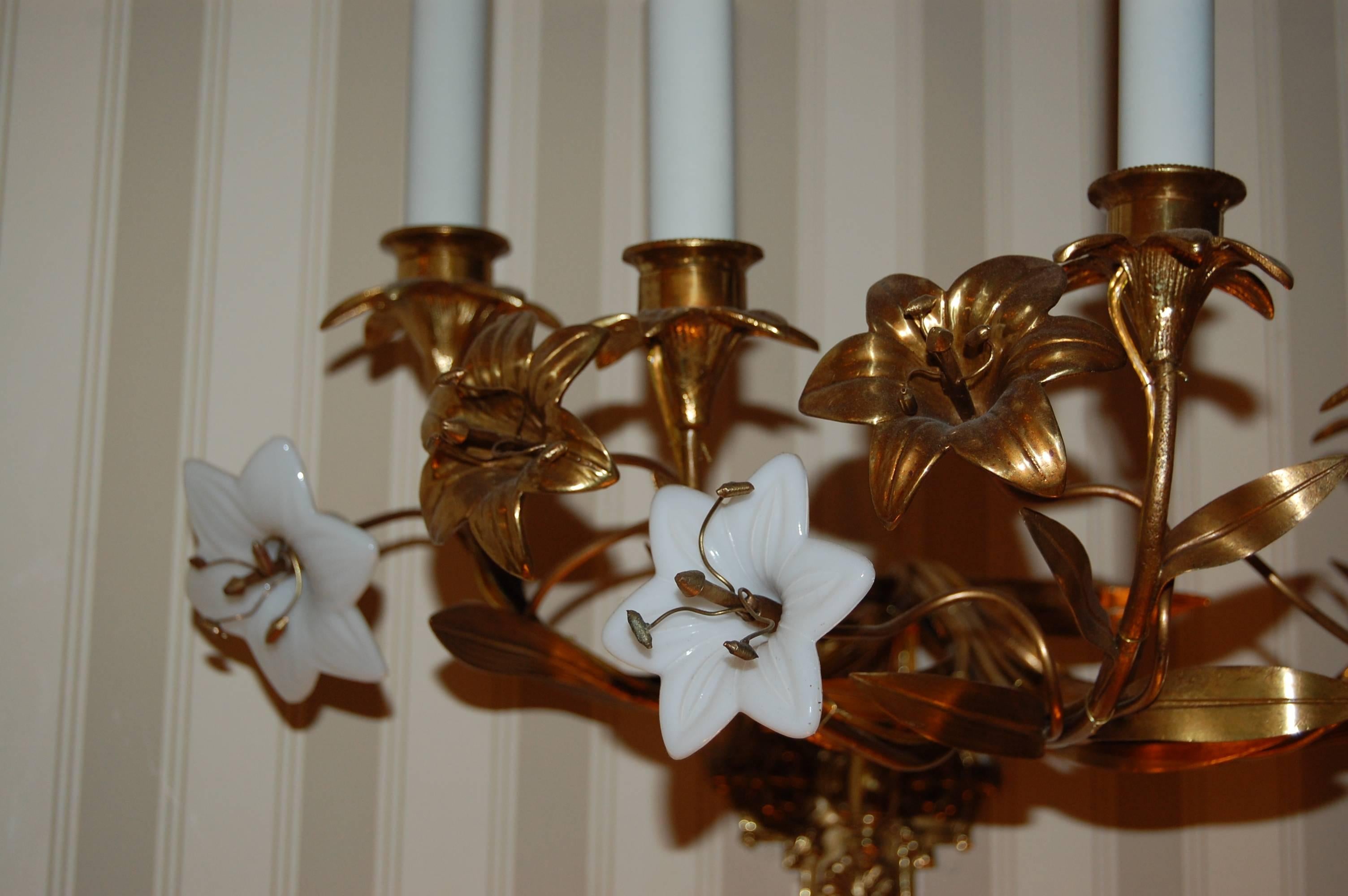 High Victorian Pair of Early 19th Century Five-Light French Lily Sconces with Glass Flowers For Sale