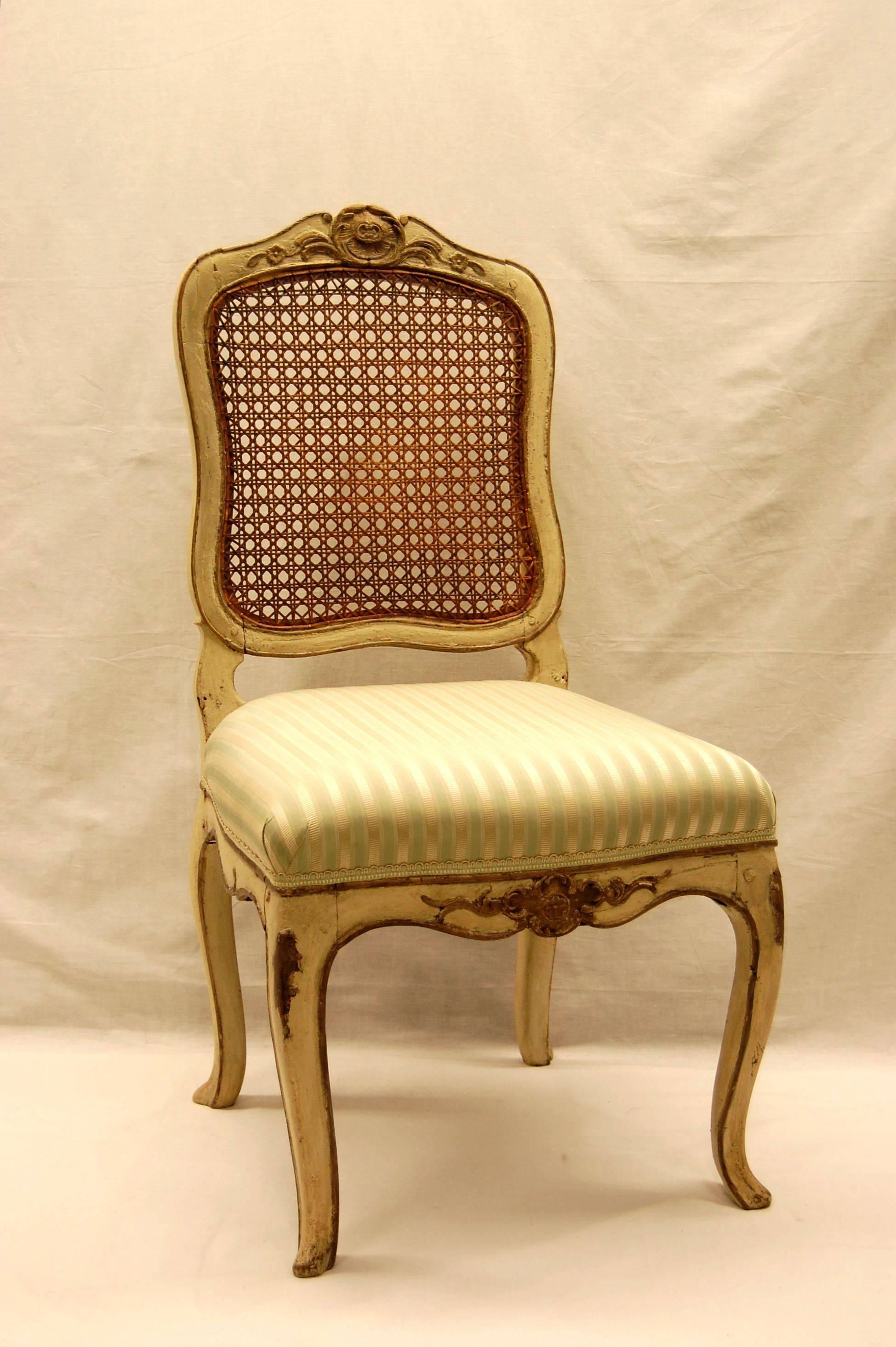 Italian version of a Louis XV type chair in original paint, likely Venetian, circa 1800. Covered in Scalamandre silk stripe, color: Celadon.