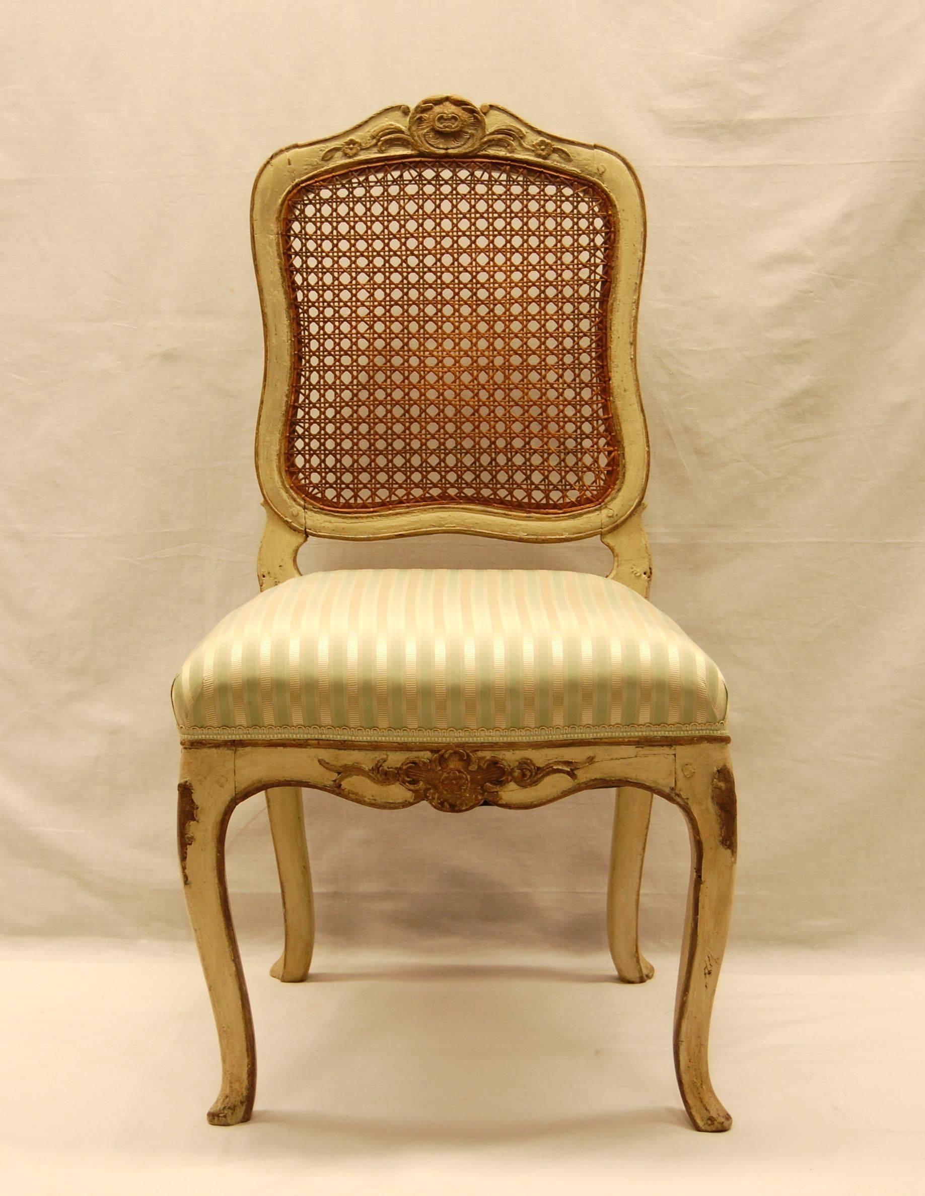 Italian Louis XV Style Chair with Hand-Caned Back in Original off White Painted Finish For Sale