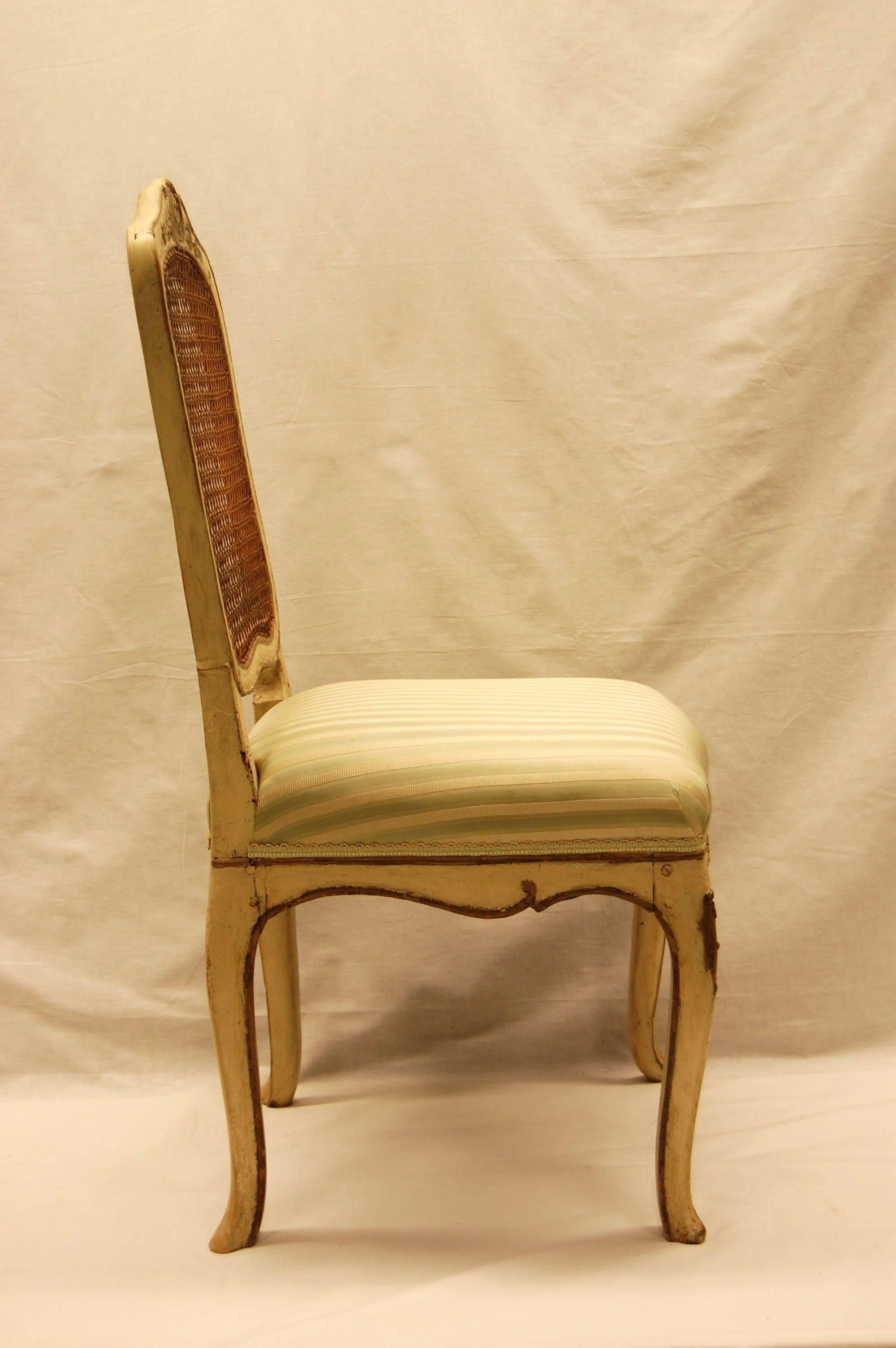 Hand-Carved Louis XV Style Chair with Hand-Caned Back in Original off White Painted Finish For Sale