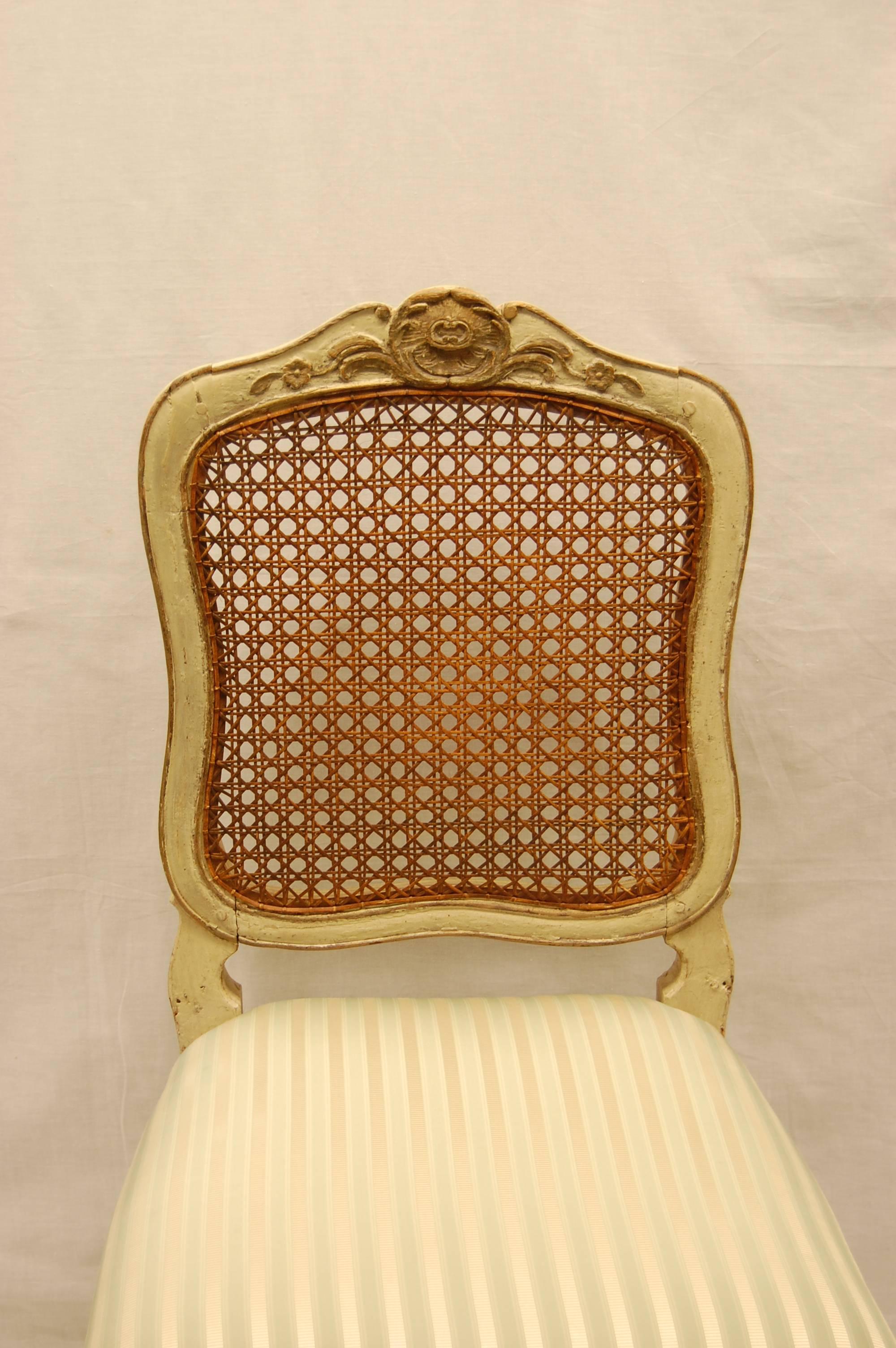 19th Century Louis XV Style Chair with Hand-Caned Back in Original off White Painted Finish For Sale
