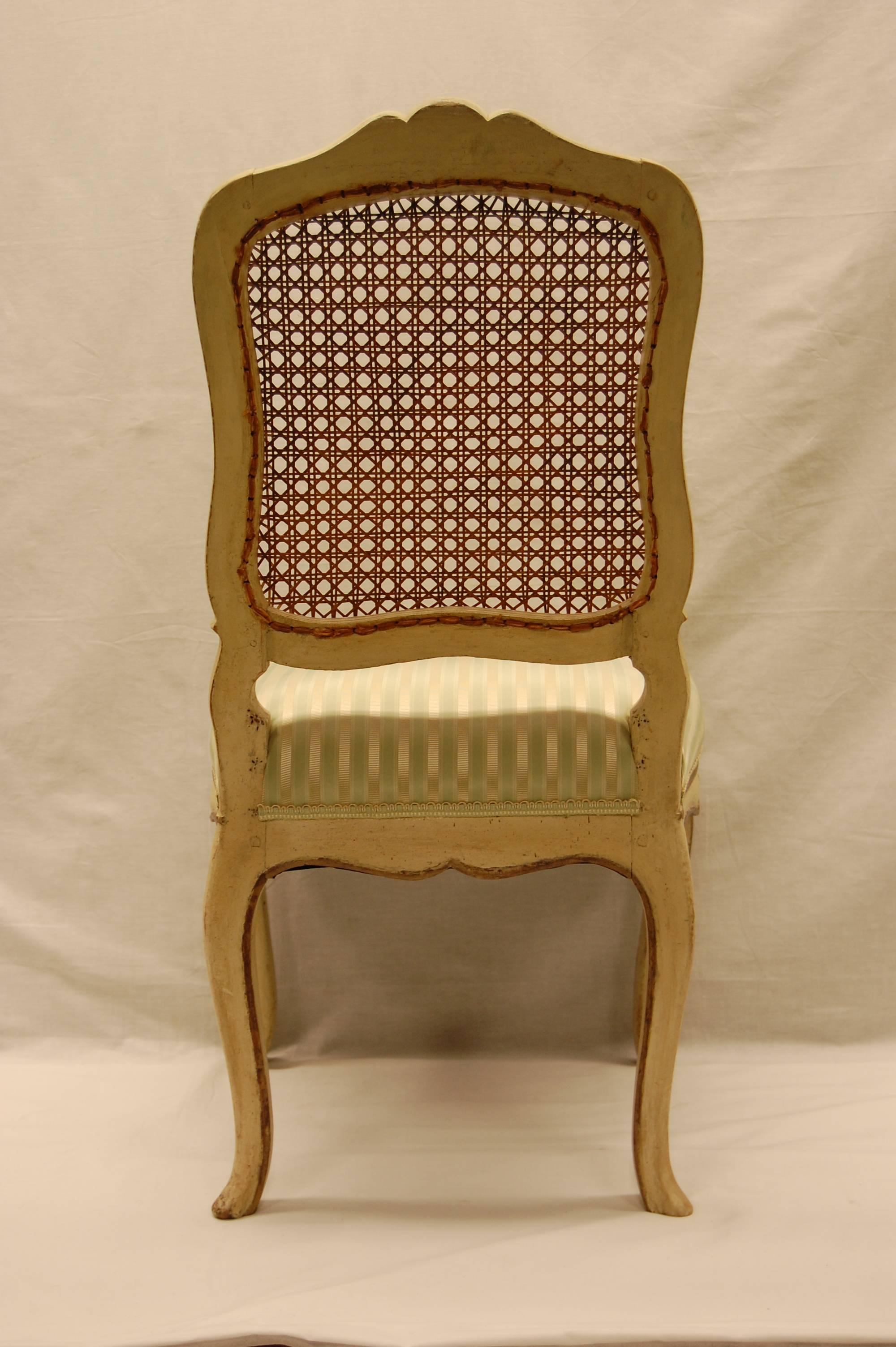 Wood Louis XV Style Chair with Hand-Caned Back in Original off White Painted Finish For Sale